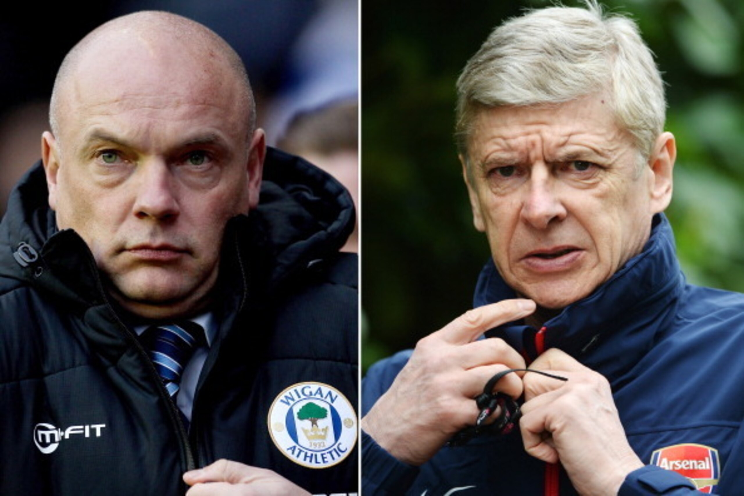 FILE PHOTO - EDITORS NOTE: COMPOSITE OF TWO IMAGES - Image Numbers 460527551 (L) and 477574919) In this composite image a comparison has been made between Arsene Wenger (R) the Manager of Arsenal and Uwe Rosler ,Wigan manager prior to the FA Cup Semi Fina