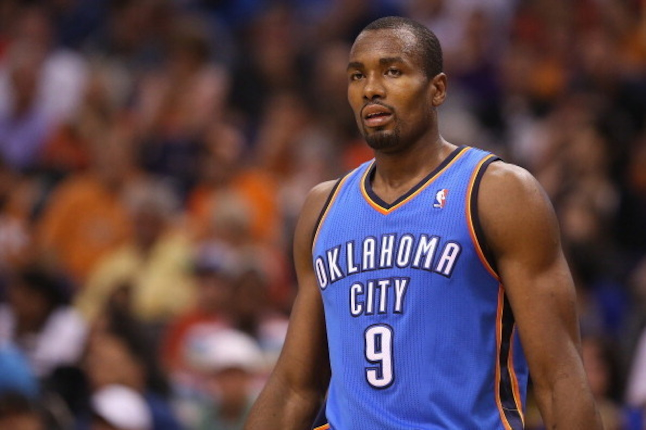 PHOENIX, AZ - APRIL 06:  Serge Ibaka #9 of the Oklahoma City Thunder during the NBA game against the Phoenix Suns at US Airways Center on April 6, 2014 in Phoenix, Arizona.  The Suns defeated the Thunder 122-115. NOTE TO USER: User expressly acknowledges 