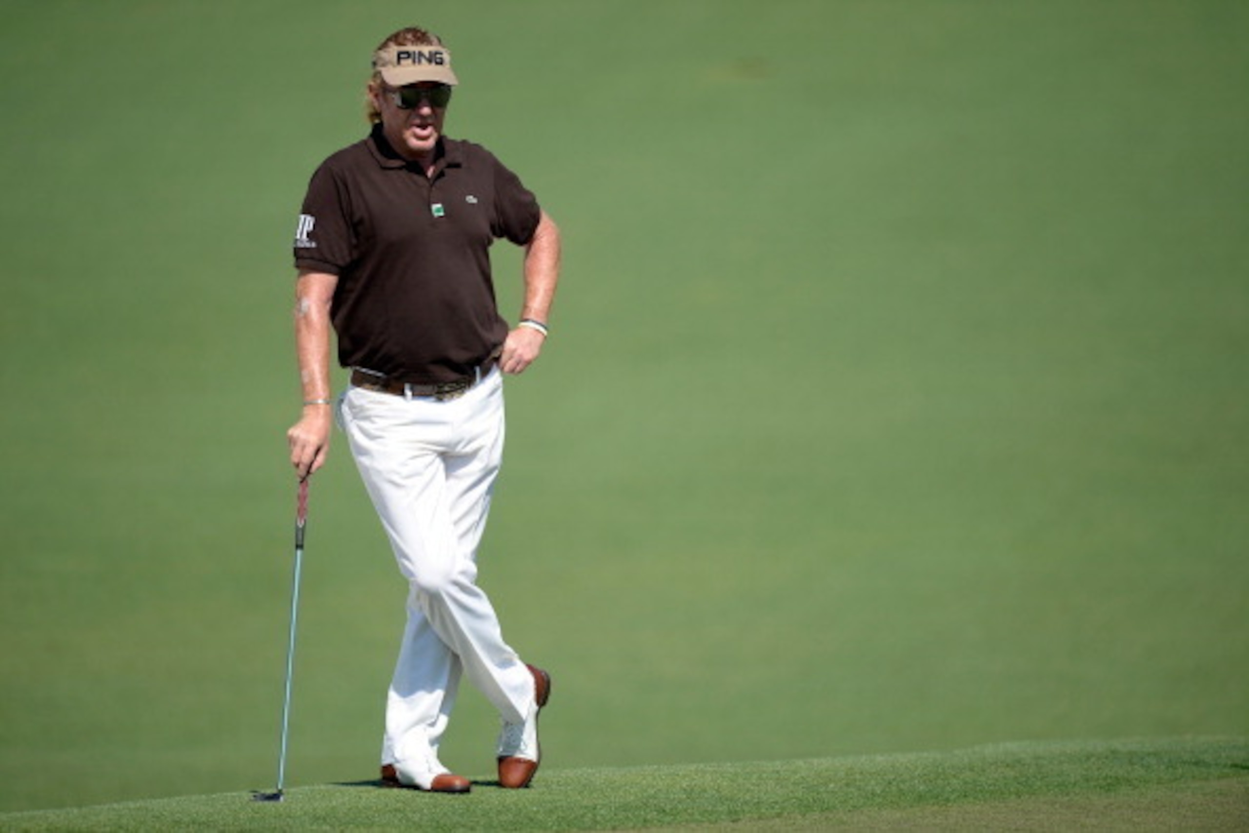 AUGUSTA, GA - APRIL 12:  Miguel Angel Jimenez of Spain waits on the second green during the third round of the 2014 Masters Tournament at Augusta National Golf Club on April 12, 2014 in Augusta, Georgia.  (Photo by Harry How/Getty Images)