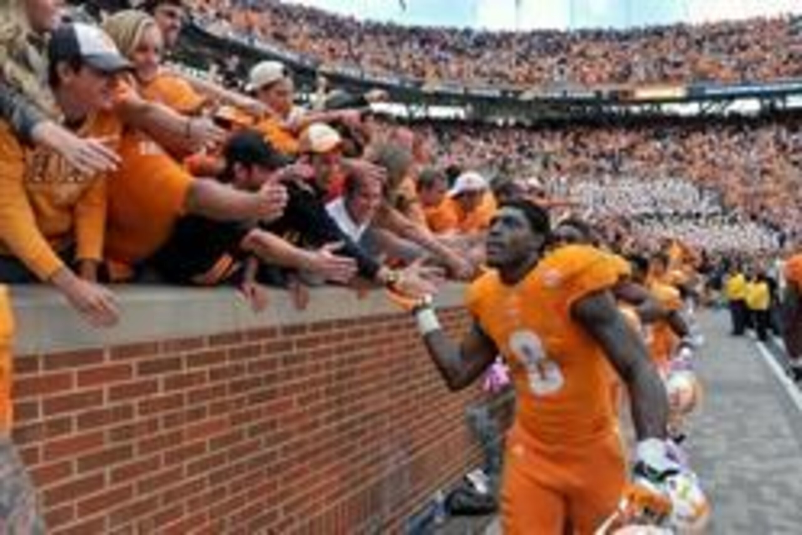 Oct 19, 2013; Knoxville, TN, USA; Tennessee Volunteers wide receiver Marquez North (8) celebrates with fans after defeating the South Carolina Gamecocks at Neyland Stadium. Tennessee won 23-21. Mandatory Credit: Jim Brown-USA TODAY Sports
