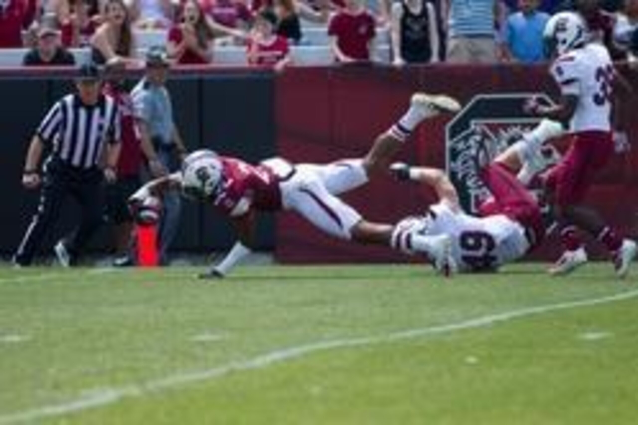 Apr 12, 2014; Columbia, SC, USA; South Carolina Gamecocks wide receiver Matrick Belton (29) scores a touchdown during the second half of the South Carolina spring game at Williams-Brice Stadium. Mandatory Credit: Joshua S. Kelly-USA TODAY Sports