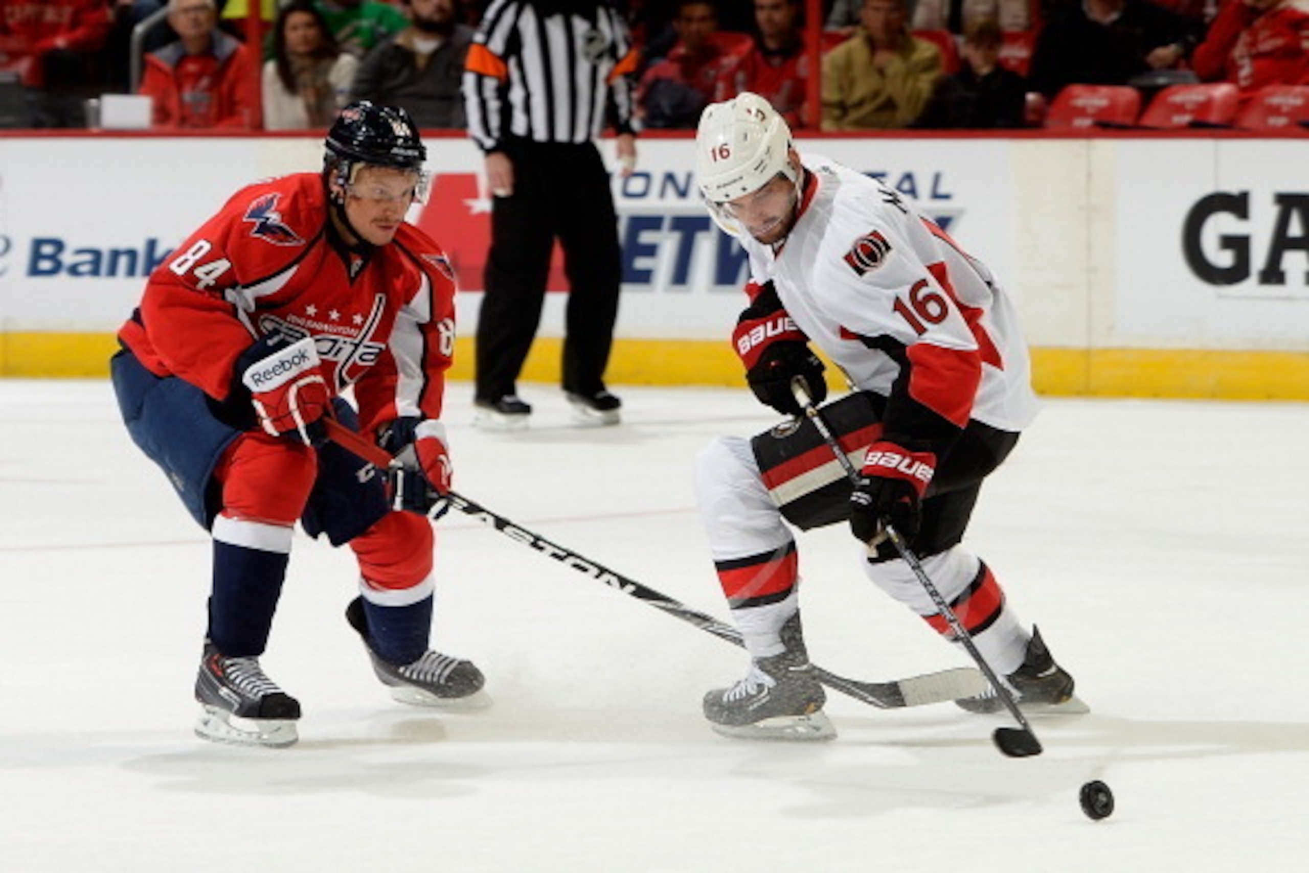 WASHINGTON, DC - NOVEMBER 27:  Clarke MacArthur #16 of the Ottawa Senators and Mikhail Grabovski #84 of the Washington Capitals battle for the puck in the first period of an NHL game at Verizon Center on November 27, 2013 in Washington, DC.  (Photo by Pat