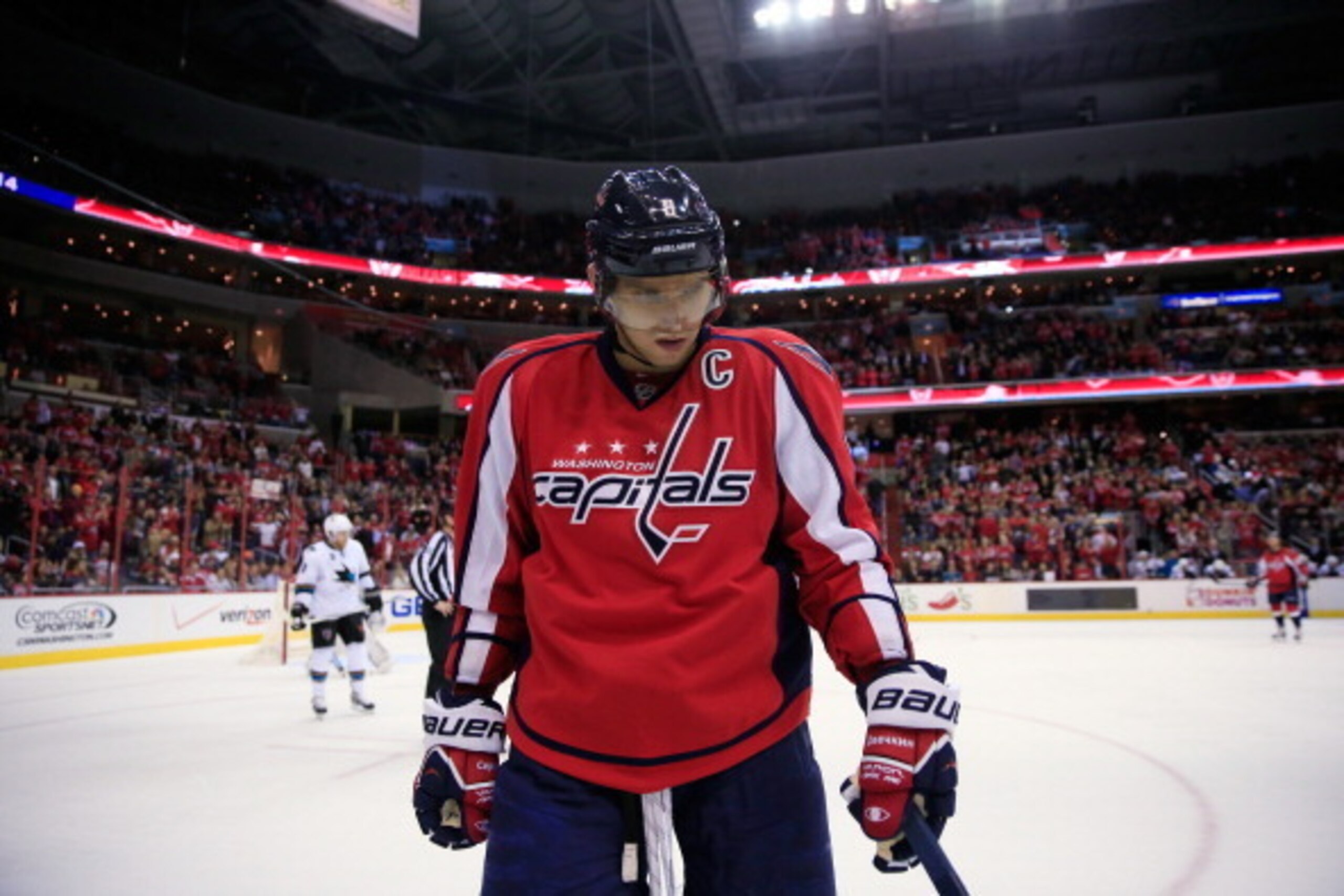 WASHINGTON, DC - JANUARY 14: Alex Ovechkin #8 of the Washington Capitals skates on the ice during a break in play during the third period of the Capitals 2-1 shootout loss to the San Jose Sharks at Verizon Center on January 14, 2014 in Washington, DC.  (P