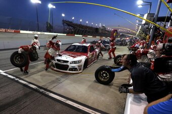 DARLINGTON, SC - APRIL 12: Kevin Harvick, driver of the #4 Budweiser Chevrolet, pits during the NASCAR Sprint Cup Series Bojangles' Southern 500 at Darlington Raceway on April 12, 2014 in Darlington, South Carolina.  (Photo by Jerry Markland/Getty Images)