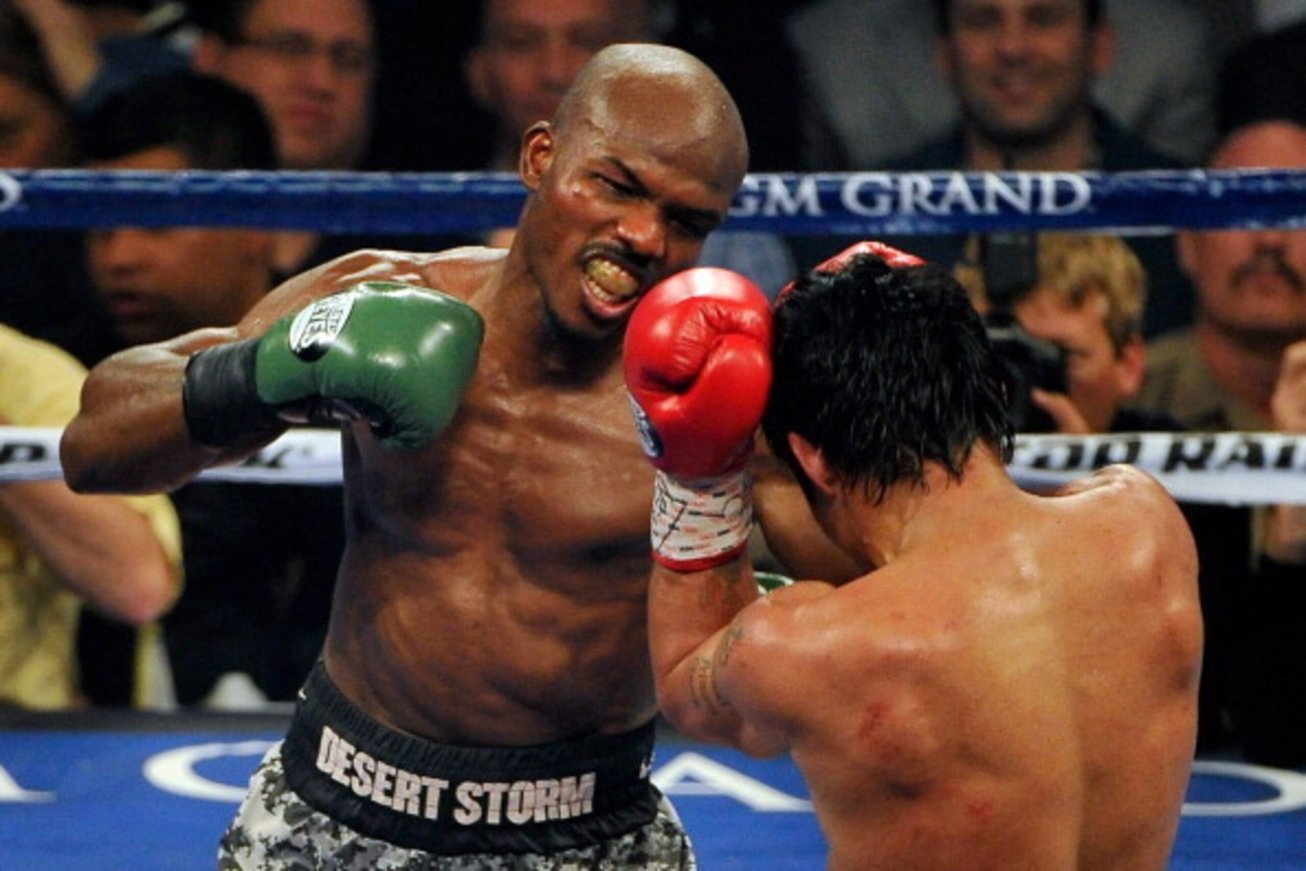 LAS VEGAS, NV - APRIL 12:  Timothy Bradley (L) connects against Manny Pacquiao during their WBO world welterweight championship boxing match at the MGM Grand Garden Arena on April 12, 2014 in Las Vegas, Nevada. Pacquiao won by an unanimous decision. (Phot