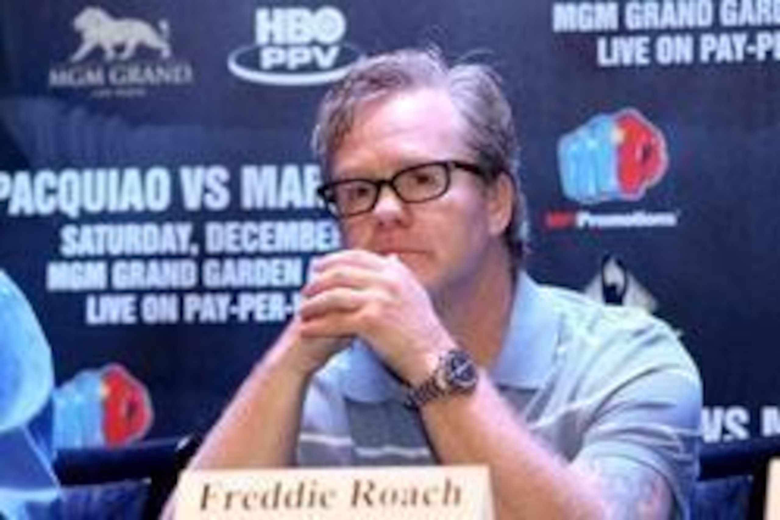Sept 19, 2012; New York, NY, USA; Freddie Roach during the press conference announcing the fourth fight between Manny Pacquaio and Juan Manuel Marquez at The Edison Ballroom. Mandatory Credit: Ed Mulholland-USA TODAY Sports Sept 19, 2012; New York, NY, USA; Freddie Roach during the press conference announcing the fourth fight between Manny Pacquaio and Juan Manuel Marquez at The Edison Ballroom. Mandatory Credit: Ed Mulholland-USA TODAY Sports
