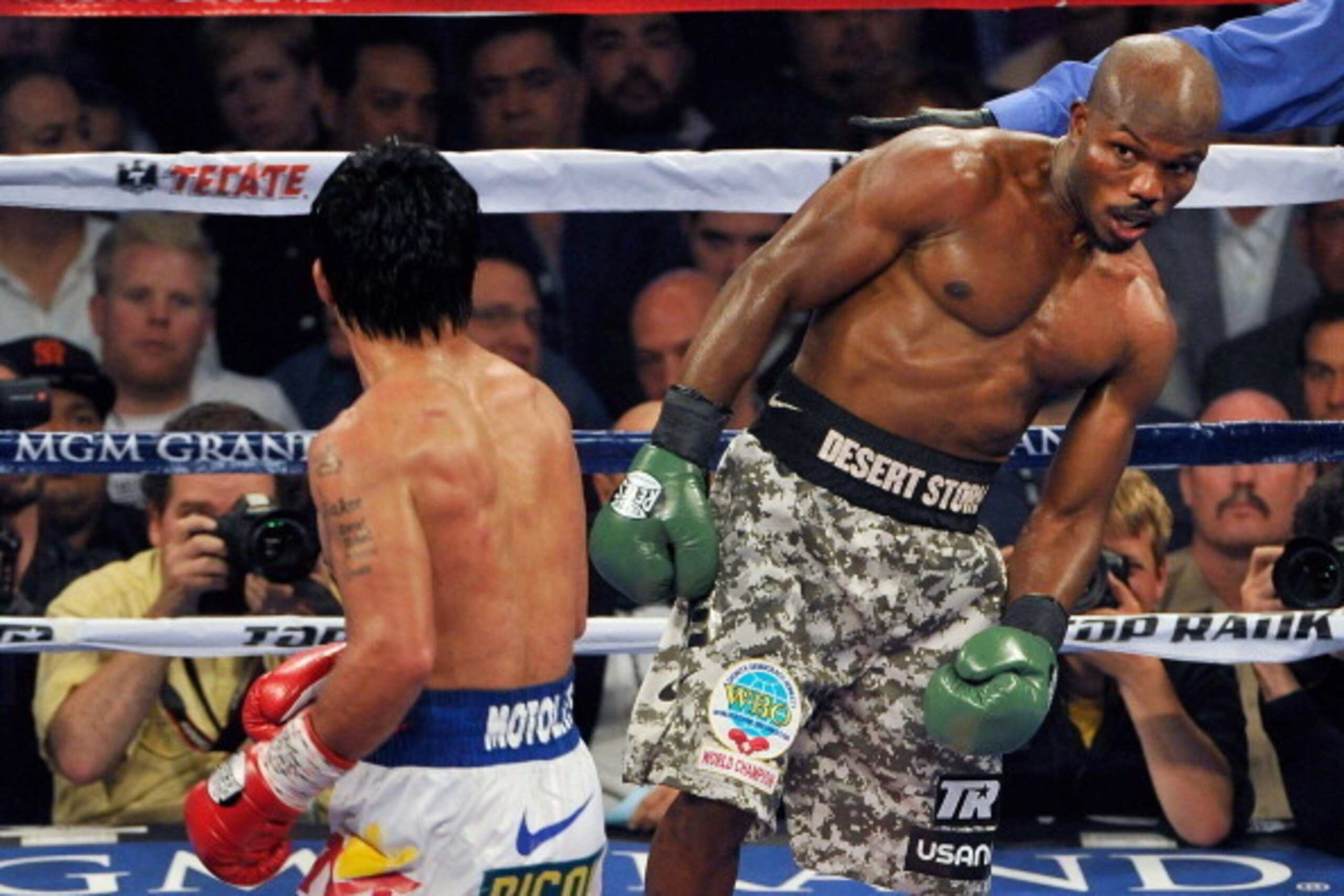 LAS VEGAS, NV - APRIL 12:  Timothy Bradley (R) taunts Manny Pacquiao during their WBO world welterweight championship boxing match at the MGM Grand Garden Arena on April 12, 2014 in Las Vegas, Nevada. Pacquiao won by unanimous decision.  (Photo by David B