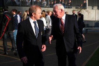 MANCHESTER, ENGLAND - AUGUST 19:  Former Manchester City player Ian Brightwell and former Arsenal player Bob Wilson attend a memorial service for Bert Trautmann prior to the Barclays Premier League match between Manchester City and Newcastle United at the