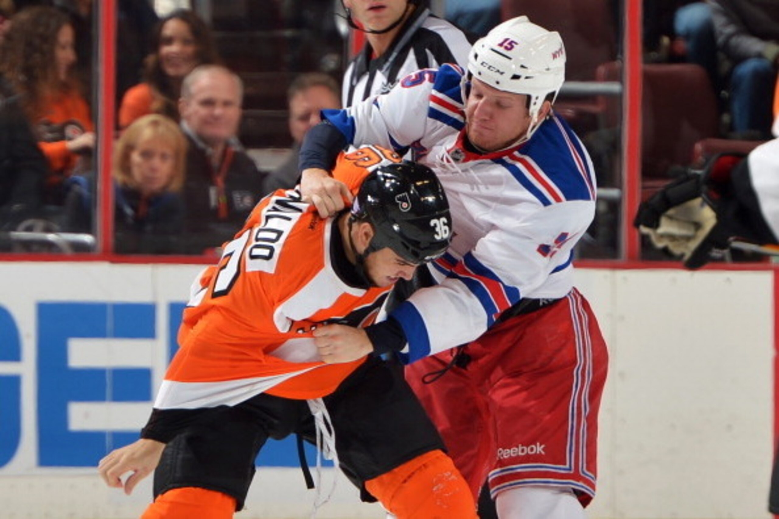 PHILADELPHIA, PA - OCTOBER 24: Zac Rinaldo #36 of the Philadelphia Flyers and Derek Dorsett #15 of the New York Rangers fight in the first period at the Wells Fargo Center on October 24, 2013 in Philadelphia, Pennsylvania. (Photo by Drew Hallowell/Getty PHILADELPHIA, PA - OCTOBER 24: Zac Rinaldo #36 of the Philadelphia Flyers and Derek Dorsett #15 of the New York Rangers fight in the first period at the Wells Fargo Center on October 24, 2013 in Philadelphia, Pennsylvania. (Photo by Drew Hallowell/Getty