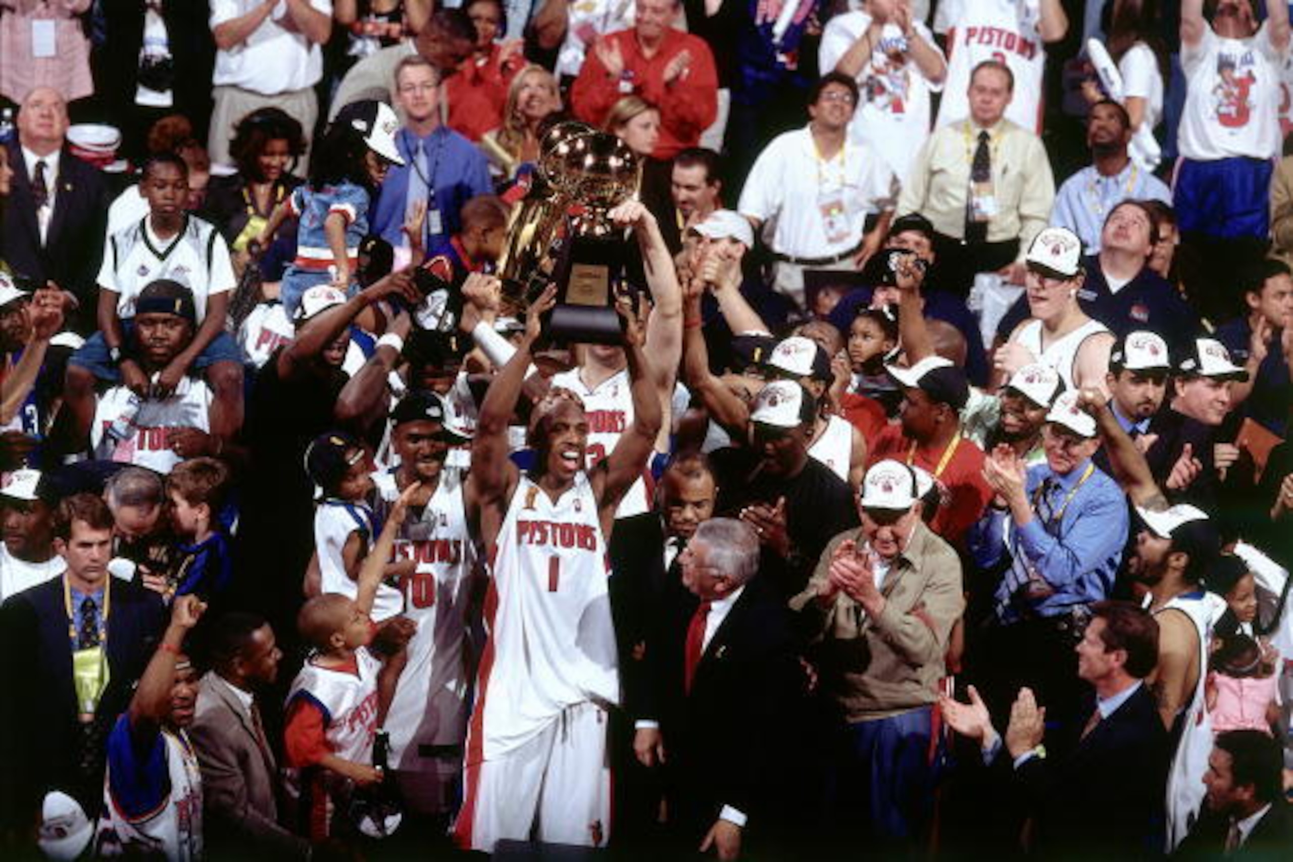 AUBURN HILLS, MI - JUNE 15:  Chauncey Billups #1 of the Detroit Pistons holds his Most Valuable Player Trophy after Game Five of the 2004 NBA Finals on June 15, 2004 at The Palace of Auburn Hills in Auburn Hills, Michigan. NOTE TO USER: User expressly ack