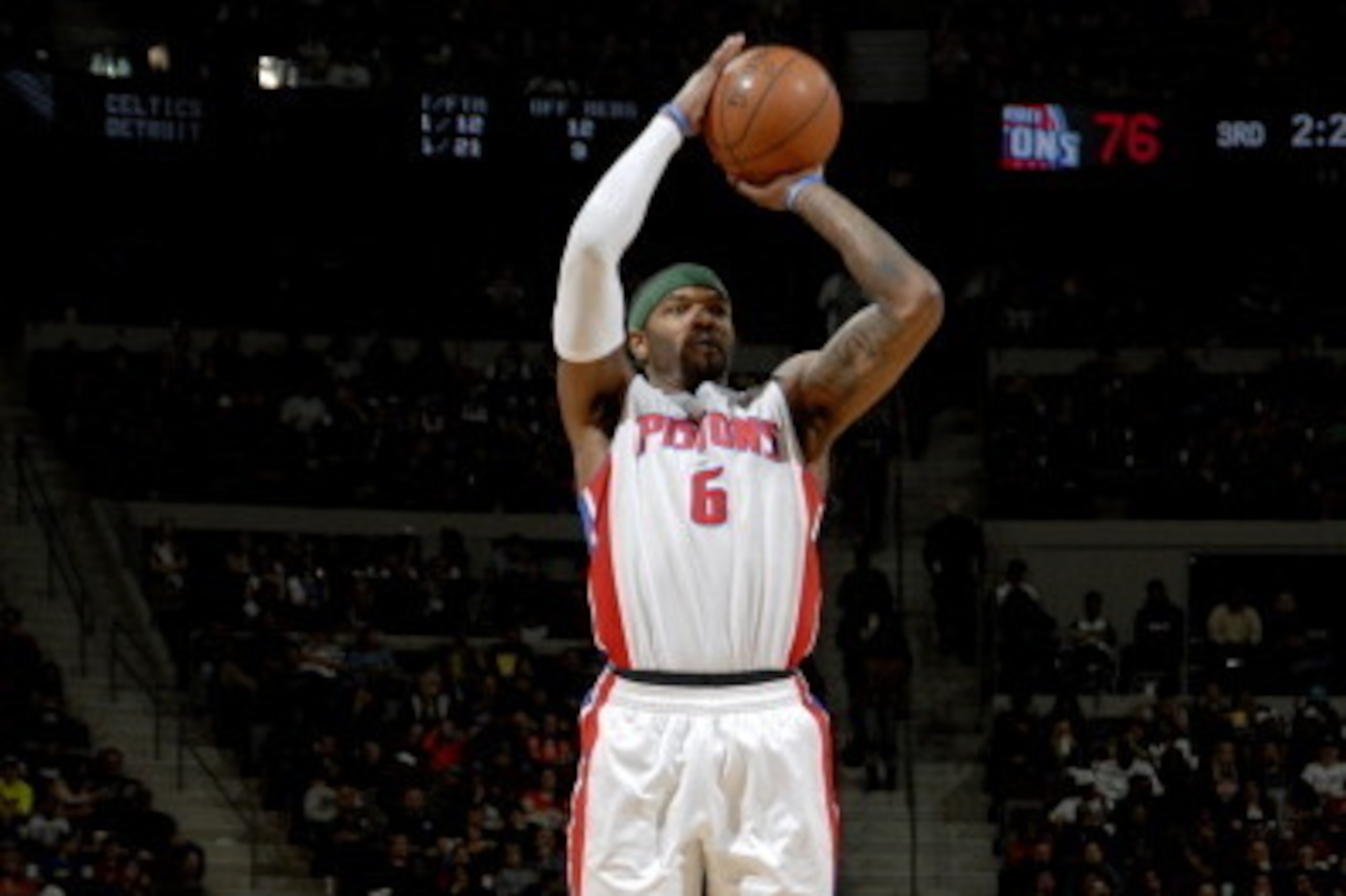 AUBURN HILLS, MI - APRIL 5: Josh Smith #6 of the Detroit Pistons shoots against the Boston Celtics on April 5, 2014 at The Palace of Auburn Hills in Auburn Hills, Michigan. NOTE TO USER: User expressly acknowledges and agrees that, by downloading and/or u