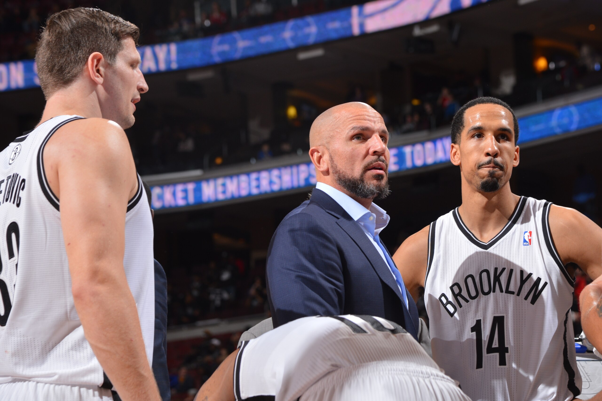 PHILADELPHIA, PA - APRIL 5: Jason Kidd of the Brooklyn Nets shares a word with his team during the game against the Brooklyn Nets at the Wells Fargo Center on April 5, 2014 in Philadelphia, Pennsylvania. NOTE TO USER: User expressly acknowledges and agree