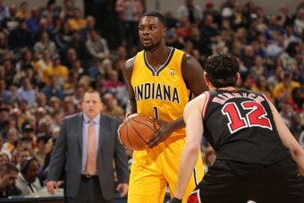 INDIANAPOLIS - MARCH 21: Lance Stephenson #1 of the Indiana Pacers handles the ball against the Chicago Bulls at Bankers Life Fieldhouse on March 21, 2014 in Indianapolis, Indiana.  NOTE TO USER: User expressly acknowledges and agrees that, by downloading