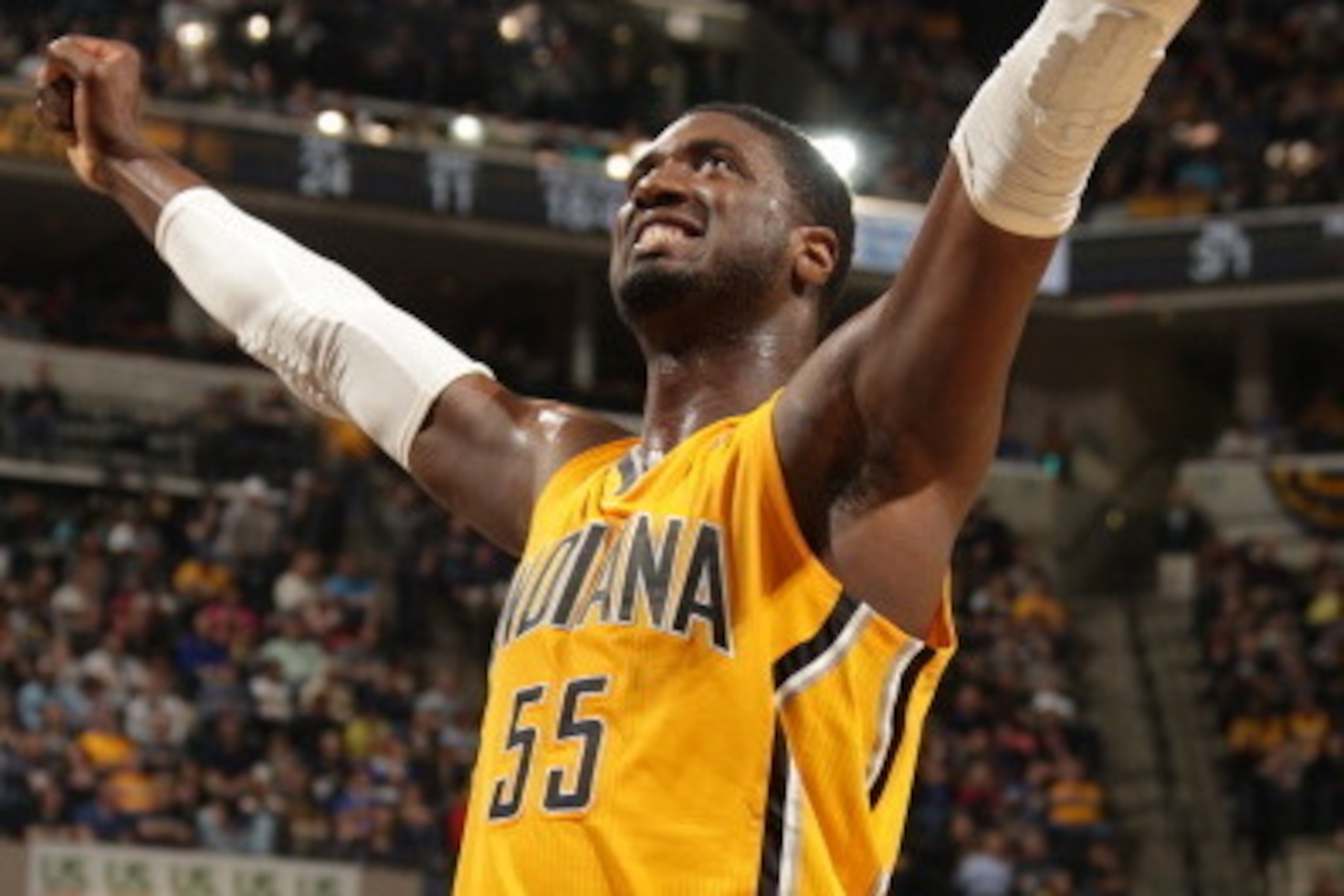 INDIANAPOLIS - MARCH 31:  Roy Hibbert #55 of the Indiana Pacers celebrates during the game against the San Antonio Spurs at Bankers Life Fieldhouse on March 31, 2014 in Indianapolis, Indiana.  NOTE TO USER: User expressly acknowledges and agrees that, by 