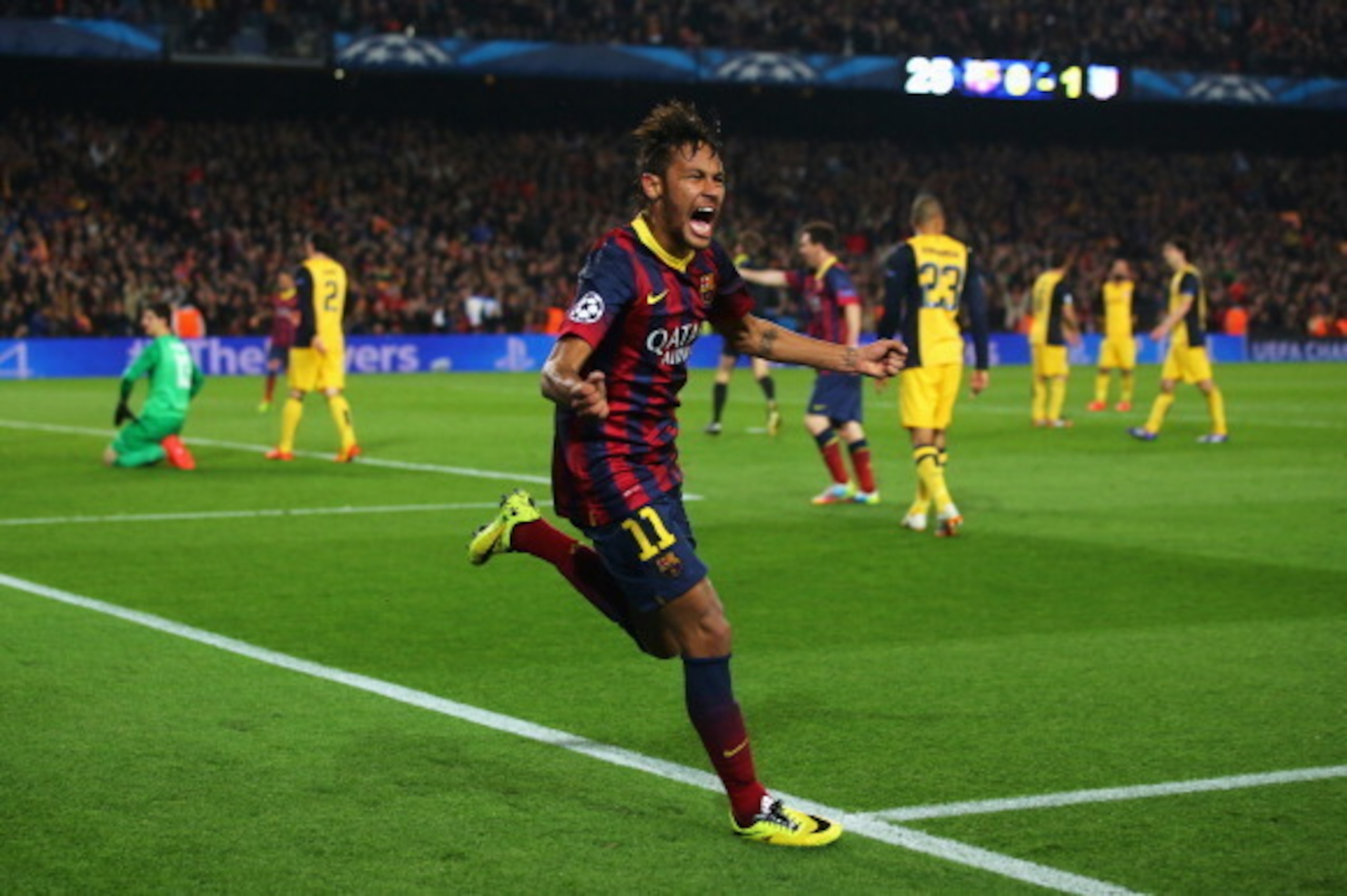 BARCELONA, SPAIN - APRIL 01:  Neymar of Barcelona celebrates his goal during the UEFA Champions League Quarter Final first leg match between FC Barcelona and Club Atletico de Madrid at Camp Nou on April 1, 2014 in Barcelona, Spain.  (Photo by Clive Rose/G