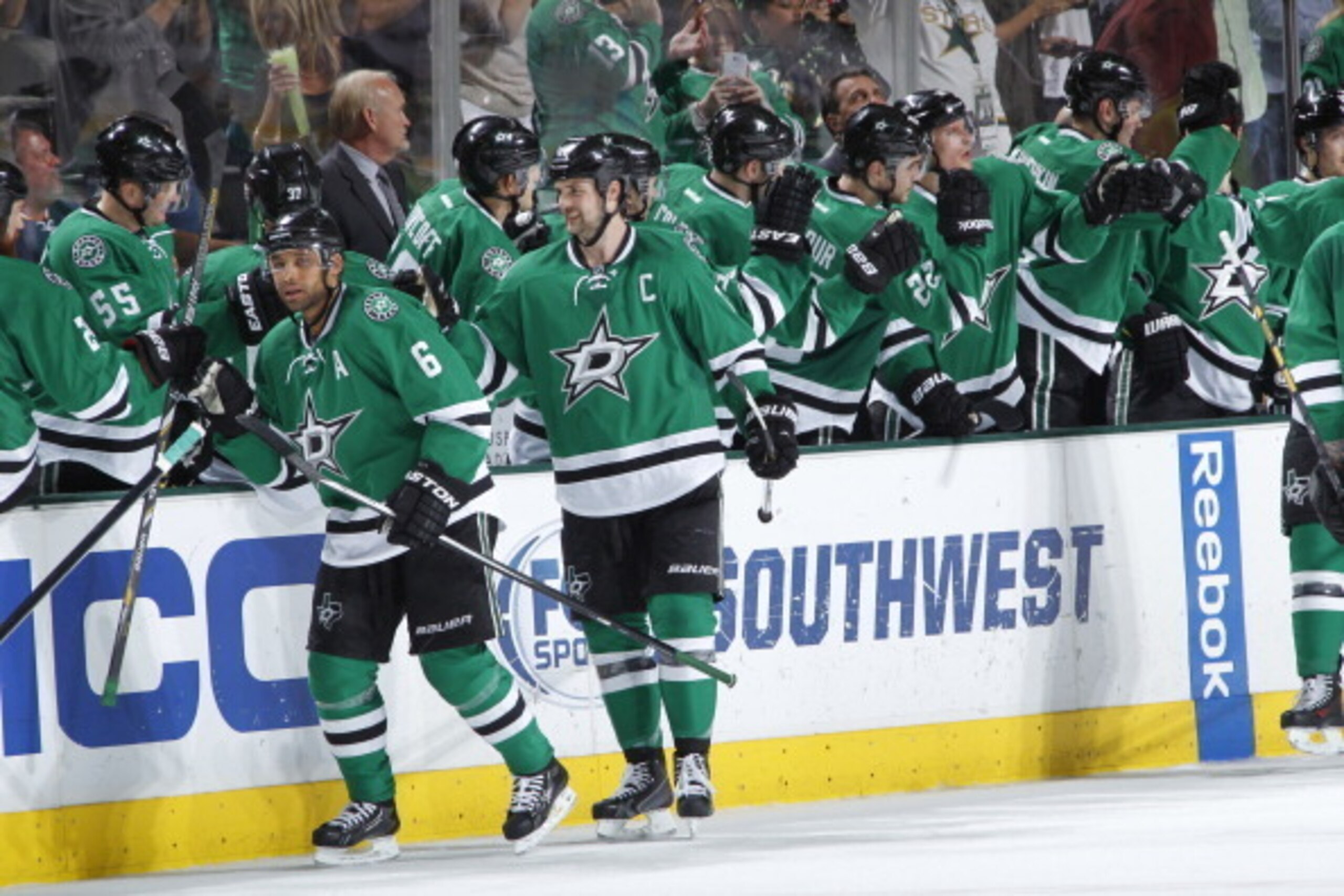 DALLAS, TX - APRIL 11: Jamie Benn #14 and Trevor Daley #6 of the Dallas Stars celebrate a goal on their way back to the bench against the St. Louis Blues at the American Airlines Center on April 11, 2014 in Dallas, Texas. (Photo by Glenn James/NHLI via Ge DALLAS, TX - APRIL 11: Jamie Benn #14 and Trevor Daley #6 of the Dallas Stars celebrate a goal on their way back to the bench against the St. Louis Blues at the American Airlines Center on April 11, 2014 in Dallas, Texas. (Photo by Glenn James/NHLI via Ge