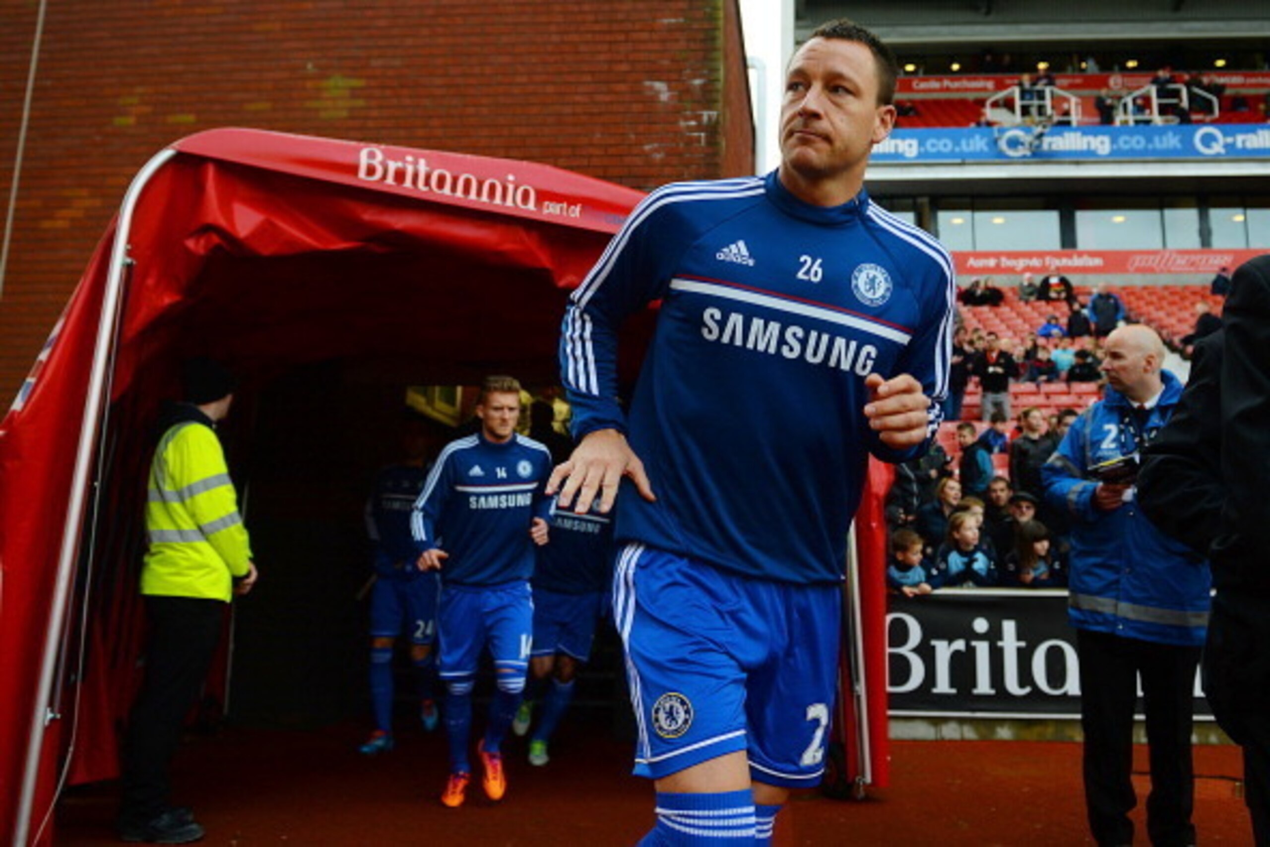 STOKE ON TRENT, ENGLAND - DECEMBER 07:  Chelsea captain John Terry leads out his players for the pre match warm up priior to kickoff during the Barclays Premier League match between Stoke City and Chelsea at Britannia Stadium on December 7, 2013 in Stoke 