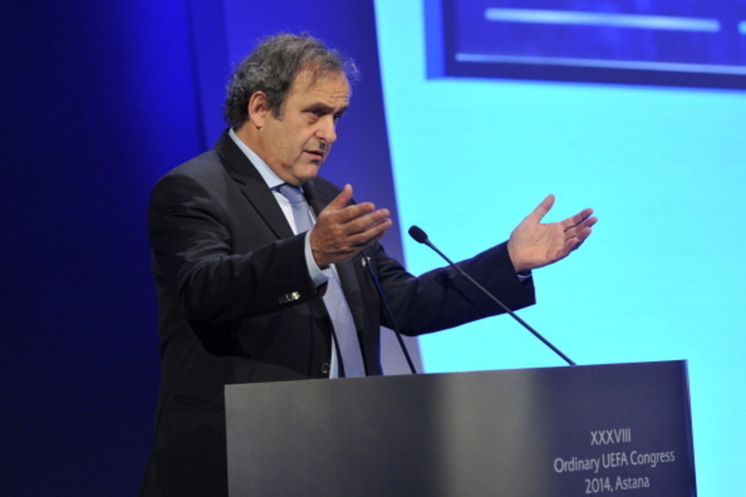 ASTANA, KAZAKHSTAN - MARCH 27:  UEFA President Michel Platini speaks during the UEFA XXXVIII Ordinary Congress at the Palace of Independence on March 27, 2014 in Astana, Kazakhstan.  (Photo by Harold Cunningham/Getty Images for UEFA)