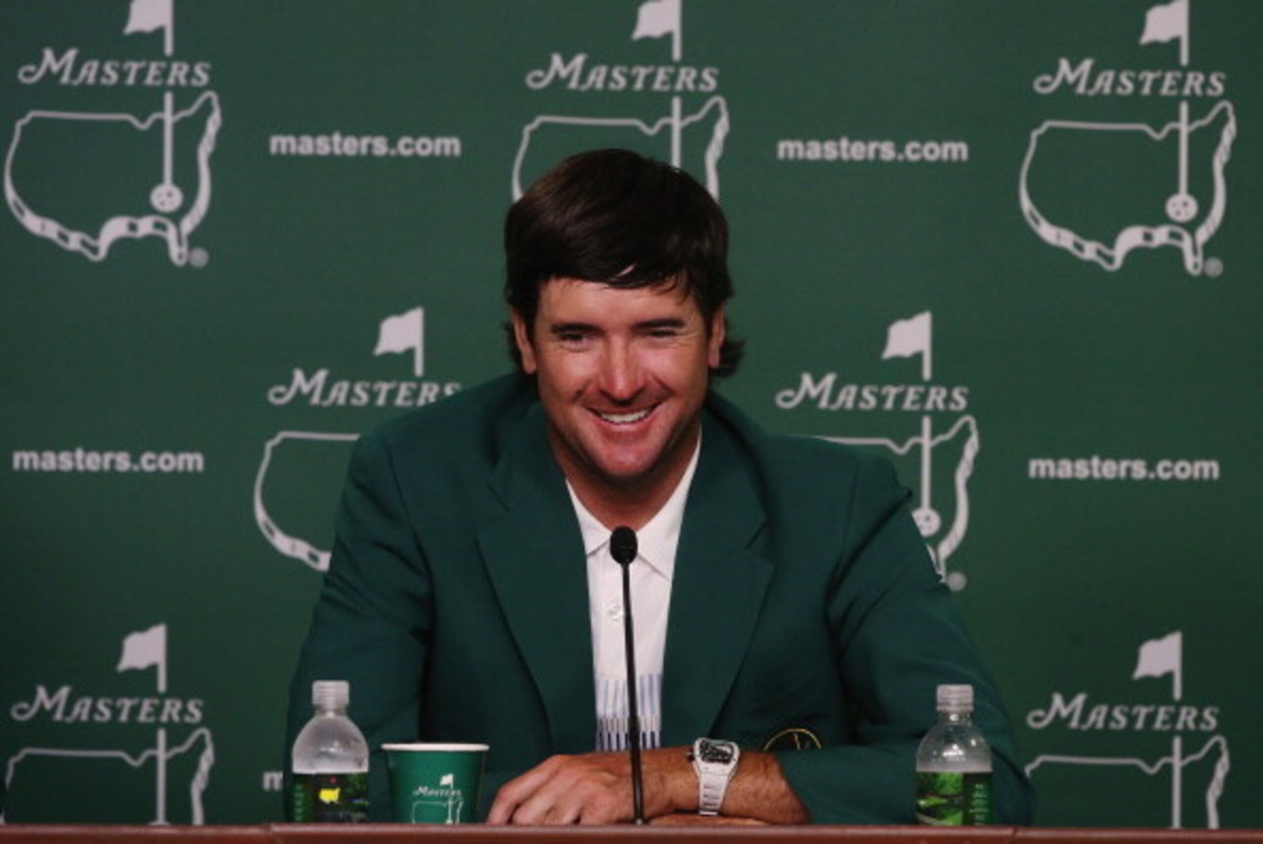 AUGUSTA, GA - APRIL 13:  Bubba Watson of the United States speaks with the media after winning the 2014 Masters Tournament by a three-stroke margin at Augusta National Golf Club on April 13, 2014 in Augusta, Georgia.  (Photo by Andrew Redington/Getty Imag