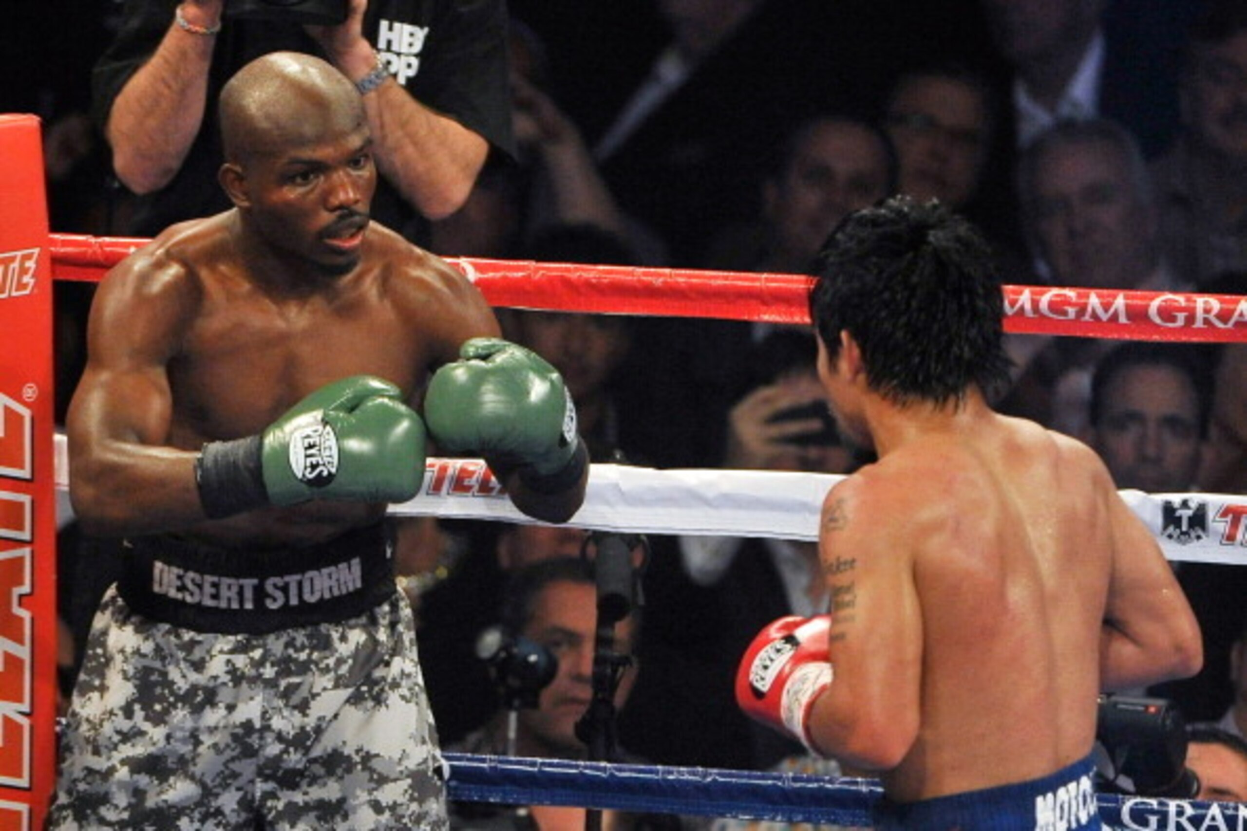 LAS VEGAS, NV - APRIL 12:  Timothy Bradley (L) taunts Manny Pacquiao during their WBO world welterweight championship boxing match at the MGM Grand Garden Arena on April 12, 2014 in Las Vegas, Nevada. Pacquiao won by unanimous decision.  (Photo by David B