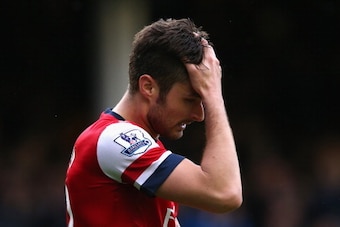 LIVERPOOL, ENGLAND - APRIL 06:   Olivier Giroud of Arsenal reacts during the Barclays Premier League match between Everton and Arsenal at Goodison Park on April 6, 2014 in Liverpool, England.  (Photo by Alex Livesey/Getty Images)