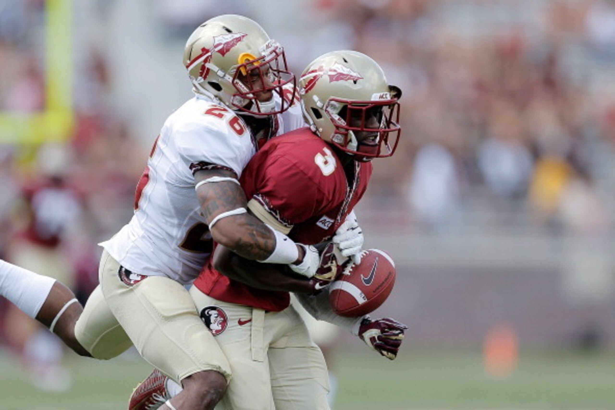 TALLAHASSEE, FL - APRIL 12:  P.J. Williams #26 of the Gold team strips a ball from Jesus Wilson #3 of the Garnet team during Florida State's Garnet and Gold spring game at Doak Campbell Stadium on April 12, 2014 in Tallahassee, Florida.  (Photo by Stacy R