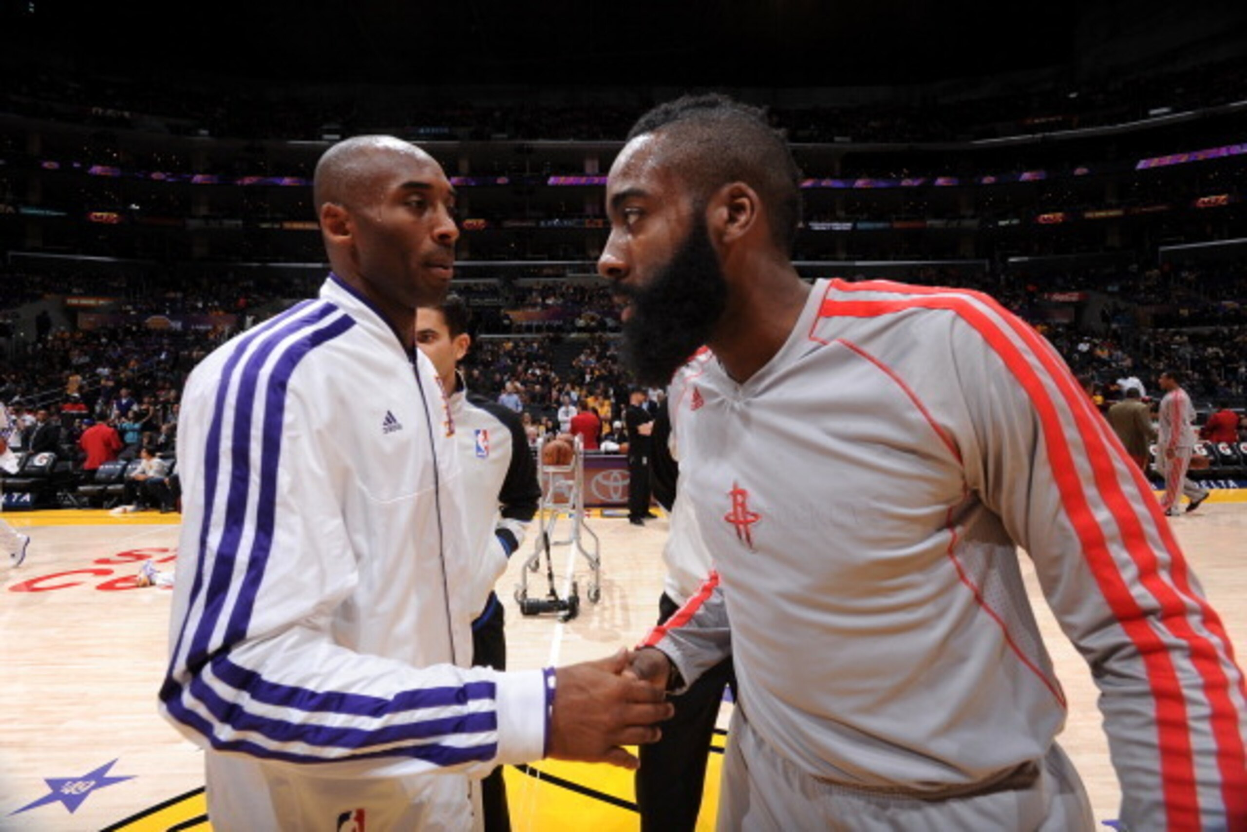 LOS ANGELES, CA - NOVEMBER 18: Kobe Bryant #24 of the Los Angeles Lakers and James Harden #13 greet each other before their game at Staples Center on November 18, 2012 in Los Angeles, California. NOTE TO USER: User expressly acknowledges and agrees that, 