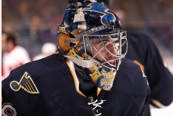 ST. LOUIS, MO - APRIL 13: Ryan Miller #39 of the St. Louis Blues warms up prior to an NHL game against the Detroit Red Wings on April 13, 2014 at Scottrade Center in St. Louis, Missouri. (Photo by Mark Buckner/NHLI via Getty Images)