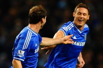 MANCHESTER, ENGLAND - FEBRUARY 03:  Branislav Ivanovic of Chelsea celebrates scoring their first goal with Nemanja Matic of Chelsea during the Barclays Premier League match between Manchester City and Chelsea at Etihad Stadium on February 3, 2014 in Manch