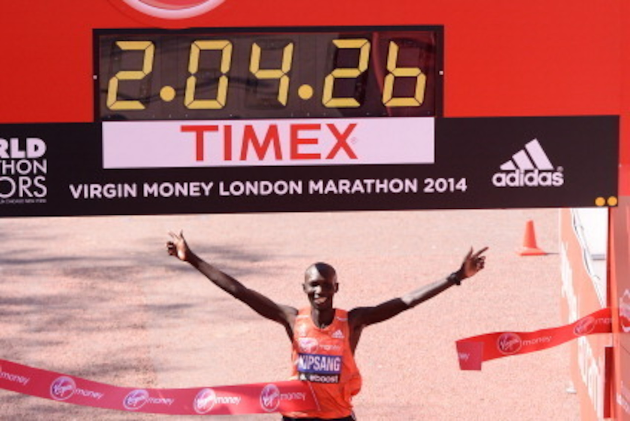 LONDON, ENGLAND - APRIL 13:  Wilson Kipsang crosses the finish line after winning the Men's Elite race at the Virgin London Marathon on April 13, 2014 in London, England.  (Photo by Karwai Tang/Getty Images)