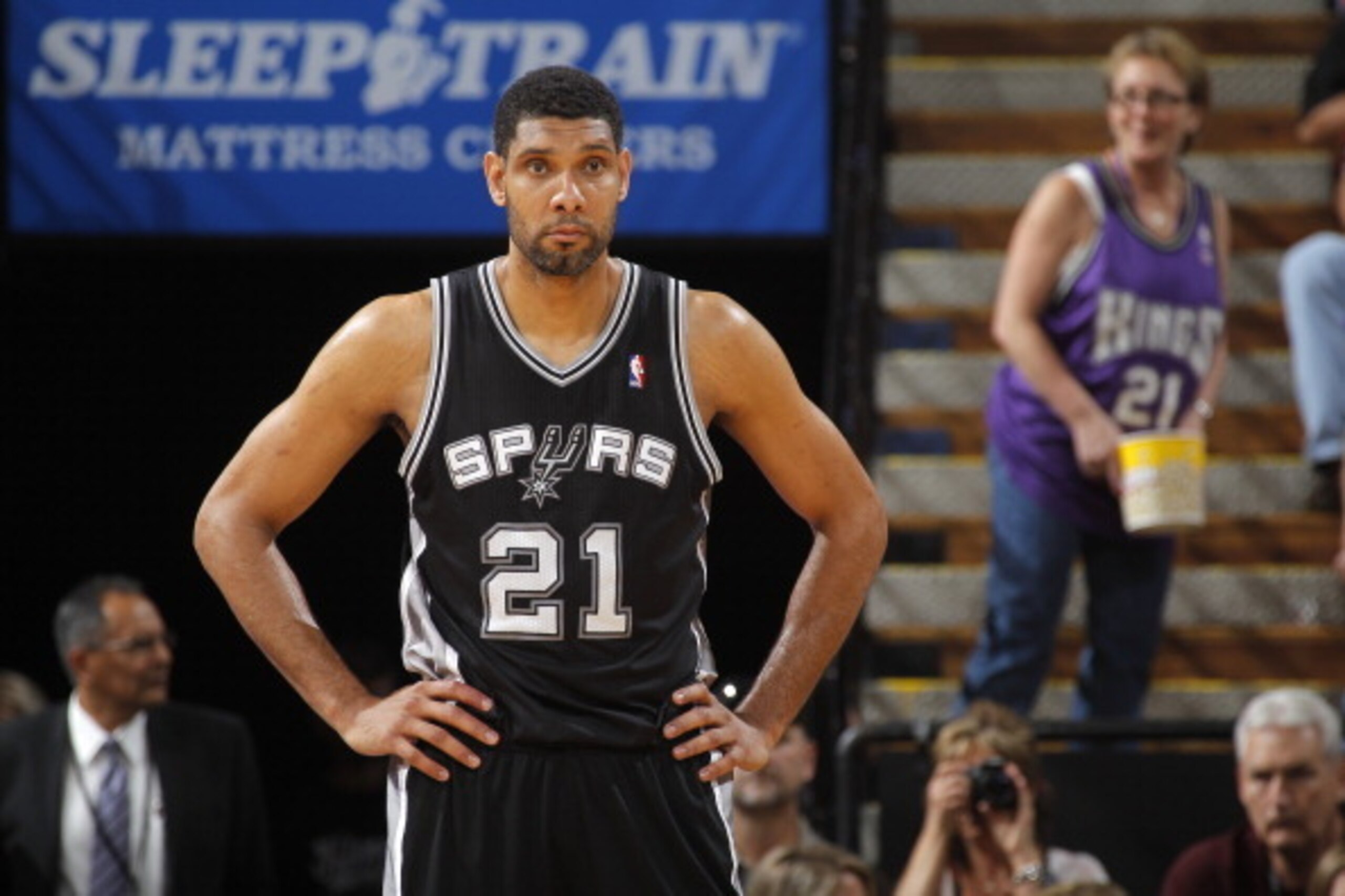 SACRAMENTO, CA - MARCH 21: Tim Duncan #21 of the San Antonio Spurs in a game against the Sacramento Kings on March 21, 2014 at Sleep Train Arena in Sacramento, California. NOTE TO USER: User expressly acknowledges and agrees that, by downloading and or us