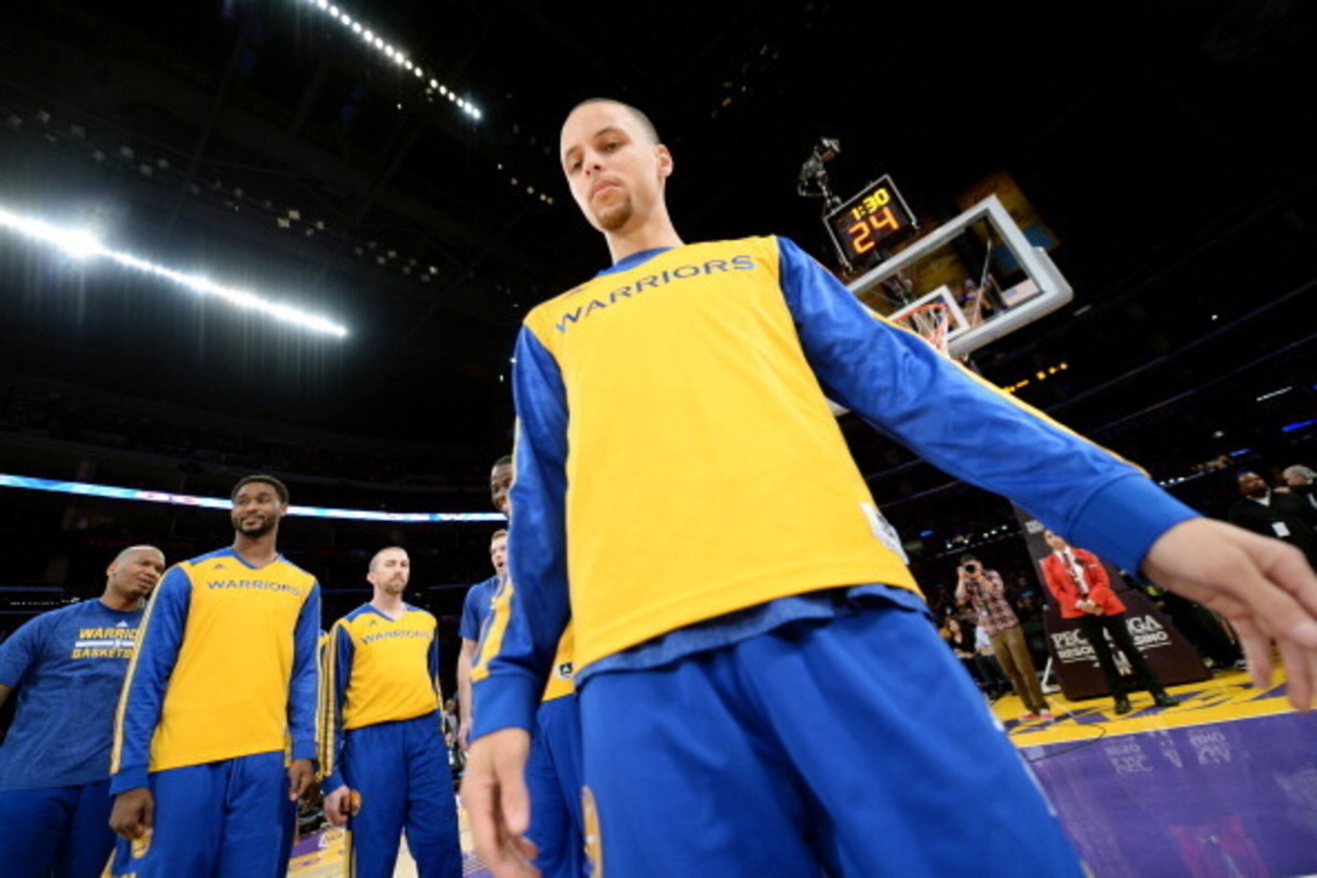 LOS ANGELES, CA - APRIL 11: Stephen Curry #30 of the Golden State Warriors stands on the court before a game against the Los Angeles Lakers at Staples Center on April 11, 2014 in Los Angeles, California. NOTE TO USER: User expressly acknowledges and agree