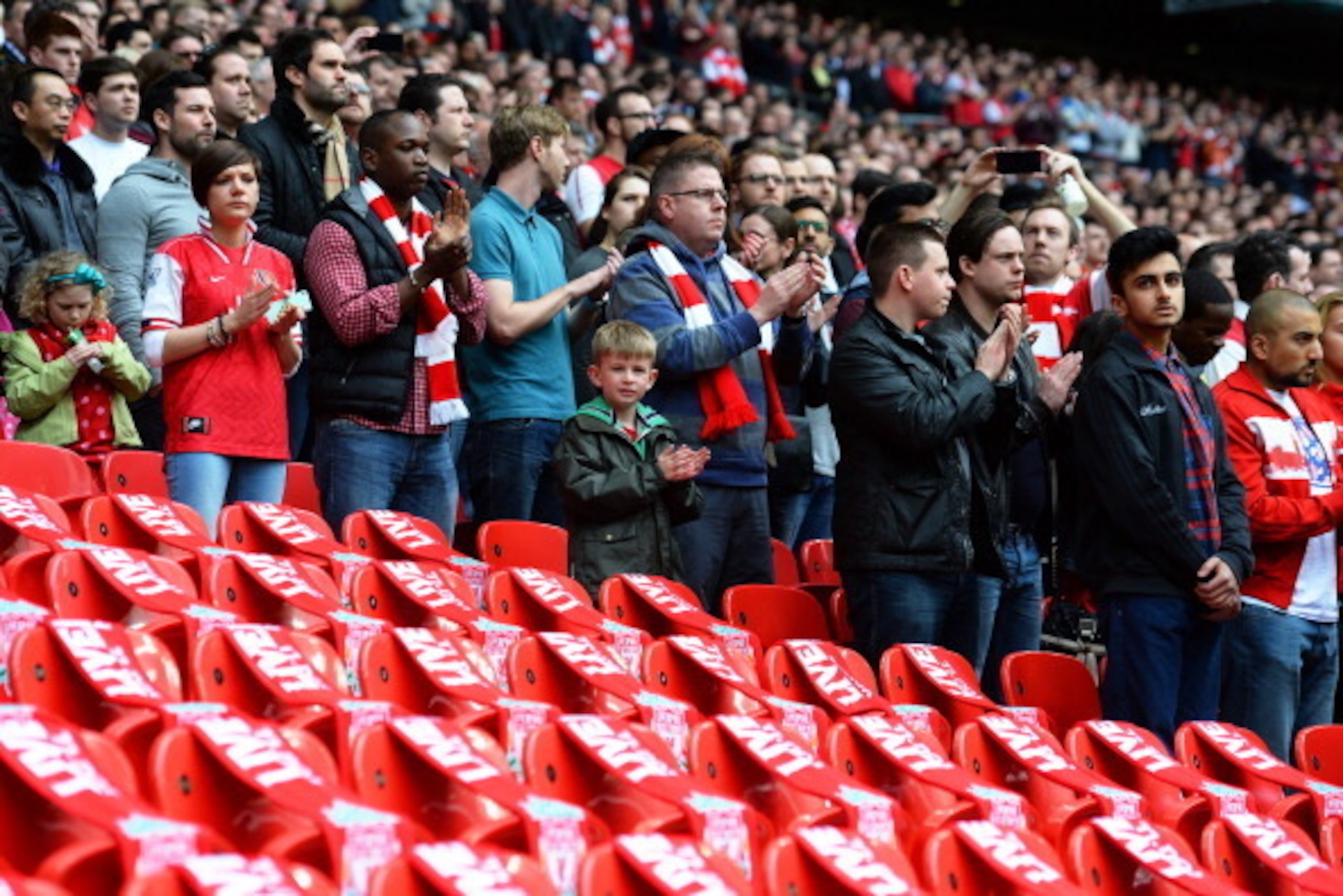 LONDON, ENGLAND - APRIL 12:  96 empty seats are draped with Liverpool scarves to mark the 25th anniversary of the Hillsborough disaster prior to kickoff during the FA Cup Semi-Final match between Wigan Athletic and Arsenal at Wembley Stadium on April 12,