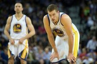 Mar 14, 2014; Oakland, CA, USA; Golden State Warriors forward David Lee (10) at the free throw line against the Cleveland Cavaliers during the third quarter at Oracle Arena. The Cleveland Cavaliers defeated the Golden State Warriors 103-94. Mandatory Cred