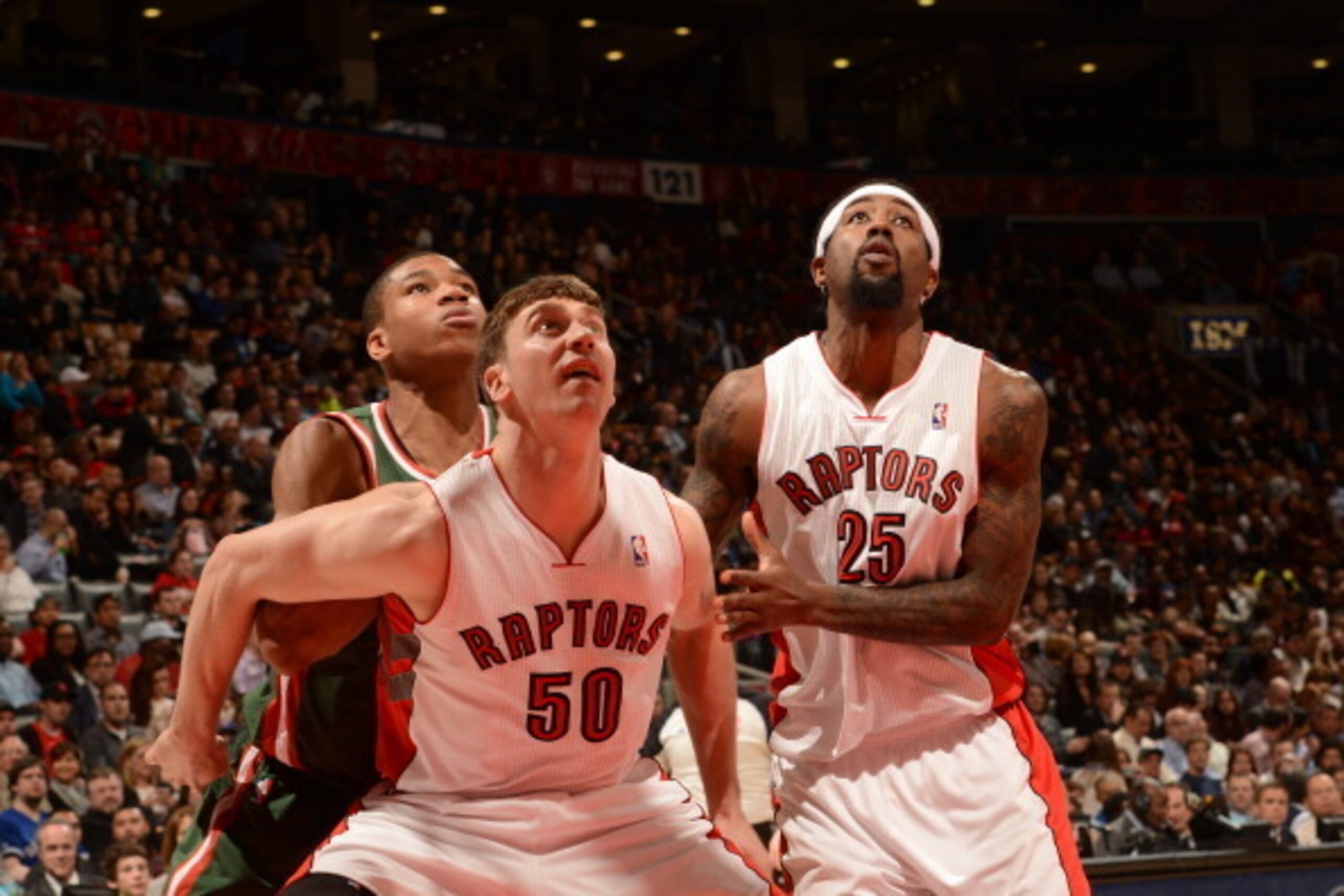 TORONTO, CANADA - April 14: Tyler Hansbrough #50 of the Toronto Raptors battles for rebound position against the Milwaukee Bucks during the game on April 14, 2014 at the Air Canada Centre in Toronto, Ontario, Canada.  NOTE TO USER: User expressly acknowle
