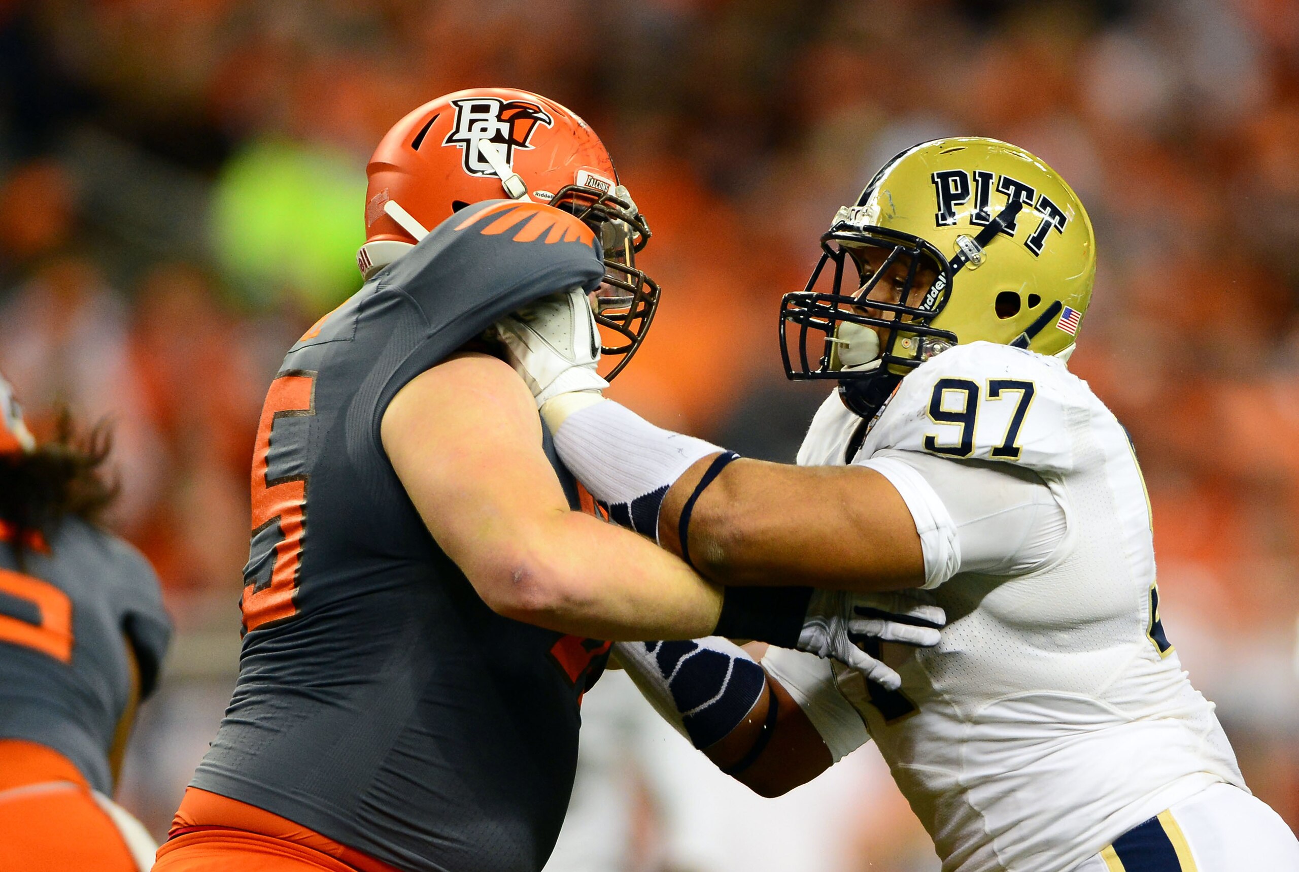 Dec 26, 2013; Detroit, MI, USA; Pittsburgh Panthers defensive lineman Aaron Donald (97) during the Little Caesars Pizza Bowl against the Bowling Green Falcons at Ford Field. Pittsburgh Panthers defeated Bowling Green Falcons 30-27. Mandatory Credit: Andre