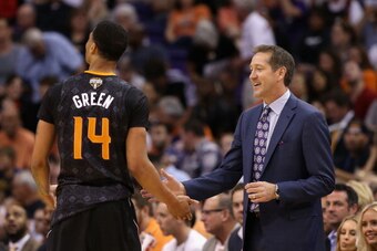 PHOENIX, AZ - MARCH 19:  Head coach Jeff Hornacek of the Phoenix Suns talks with Gerald Green #14 during the NBA game against the Orlando Magic at US Airways Center on March 1, 2014 in Phoenix, Arizona.   The Suns defeated the Magic 109-93. NOTE TO USER: 