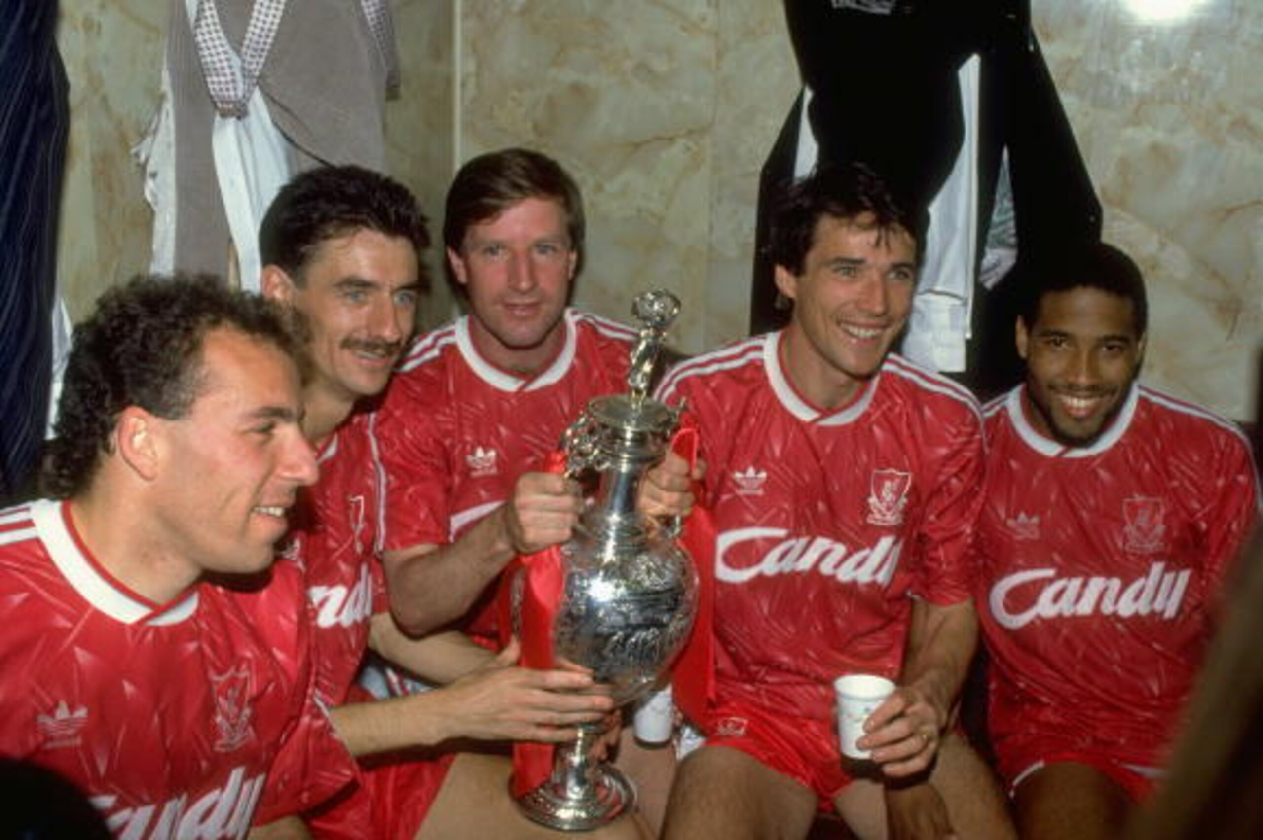 1 May 1990:  (L-R) Ronnie Rosenthal, Ian Rush, Ronnie Whelan, Alan Hansen and John Barnes of Liverpool celebrate after the Barclays League Division One match against Derby County at Anfield in Liverpool, England. Liverpool won the match 1-0 and became lea