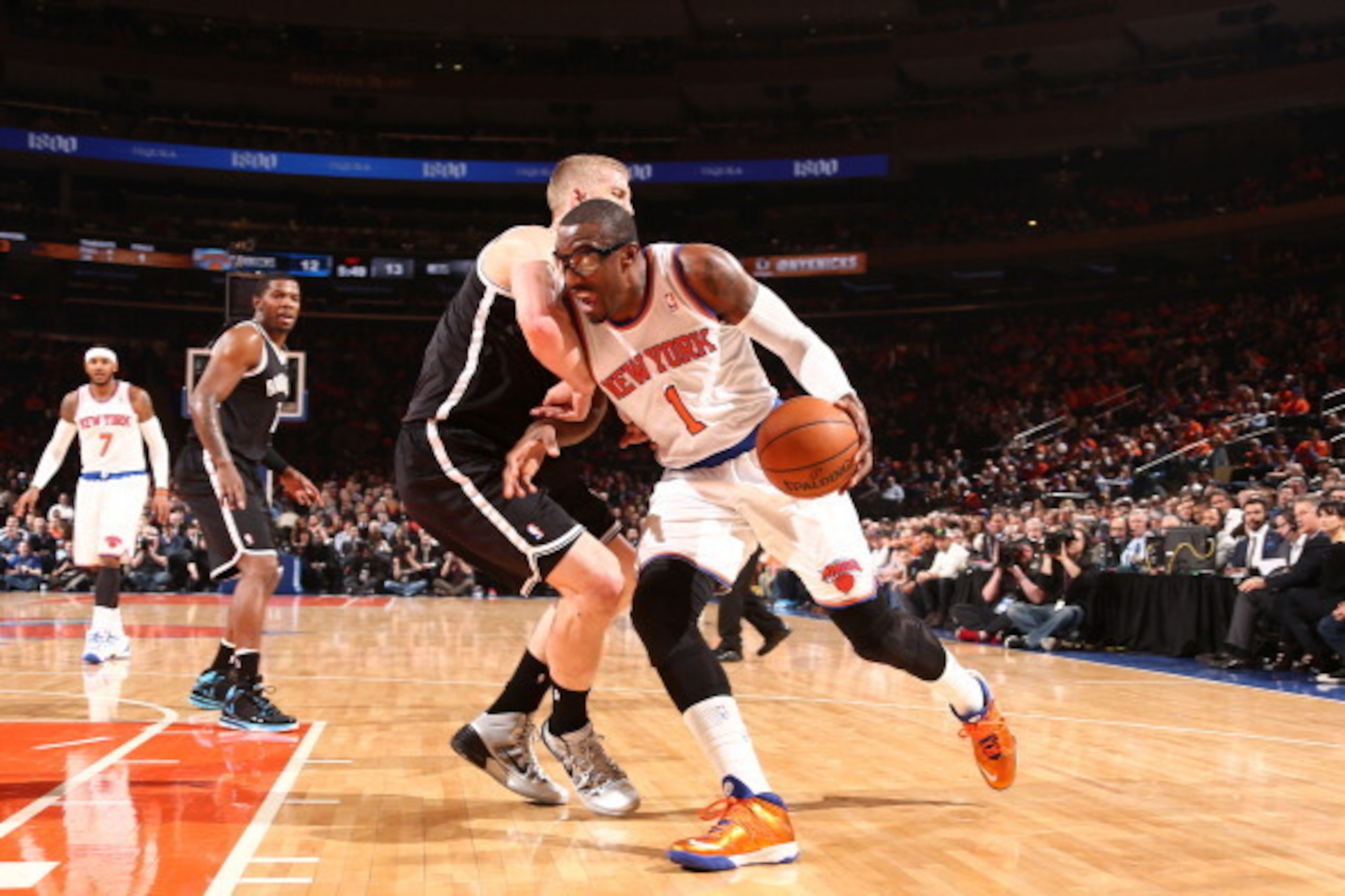 NEW YORK, NY - APRIL 02: Amar'e Stoudemire #1 of the New York Knicks drives against the Brooklyn Nets during a game at Madison Square Garden in New York City on April 02, 2014.  NOTE TO USER: User expressly acknowledges and agrees that, by downloading and