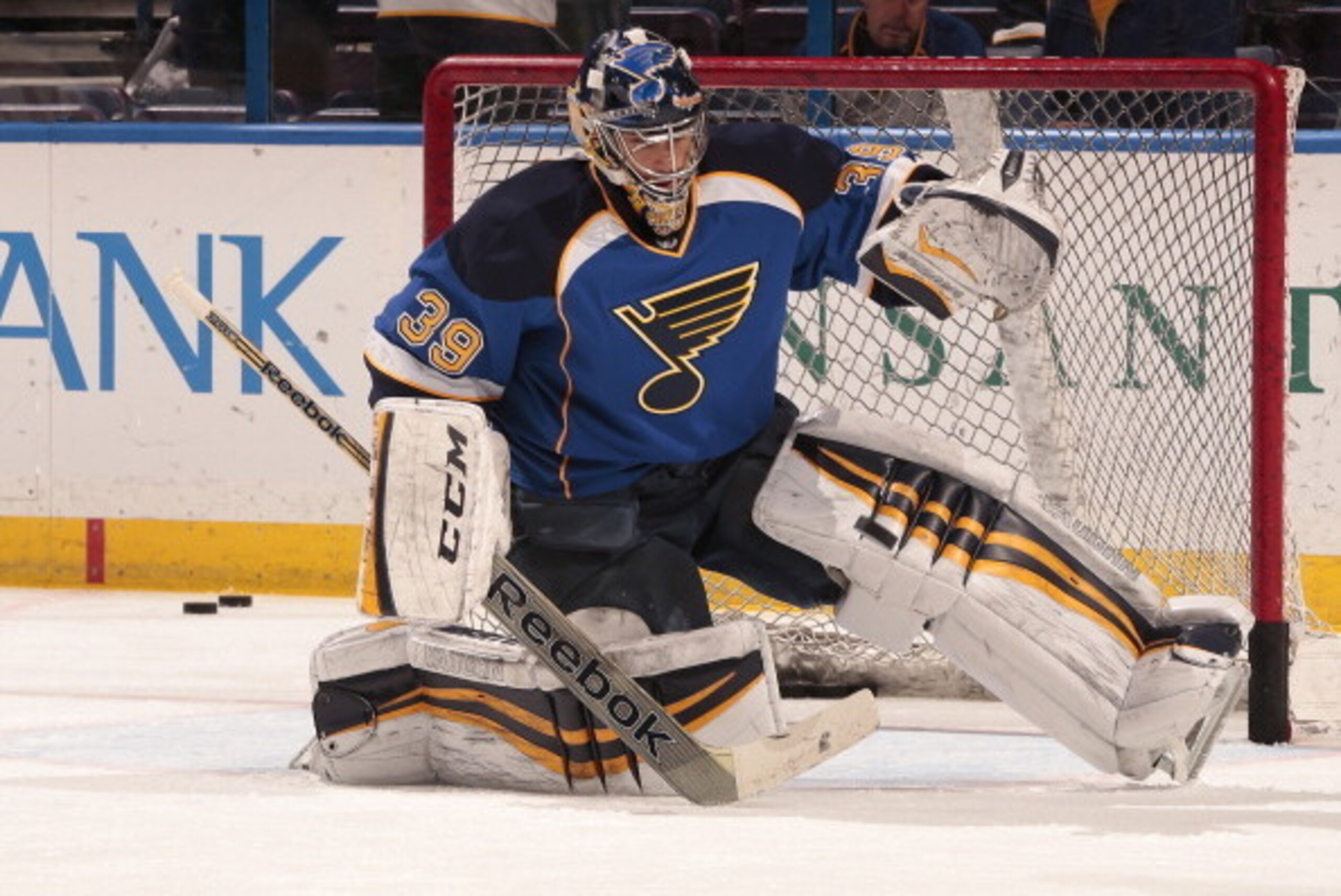 ST. LOUIS, MO - APRIL 03: Ryan Miller #39 of the St. Louis Blues warms up before an NHL game against the Buffalo Sabres on April 3, 2014 at Scottrade Center in St. Louis, Missouri. (Photo by Mark Buckner/NHLI via Getty Images)