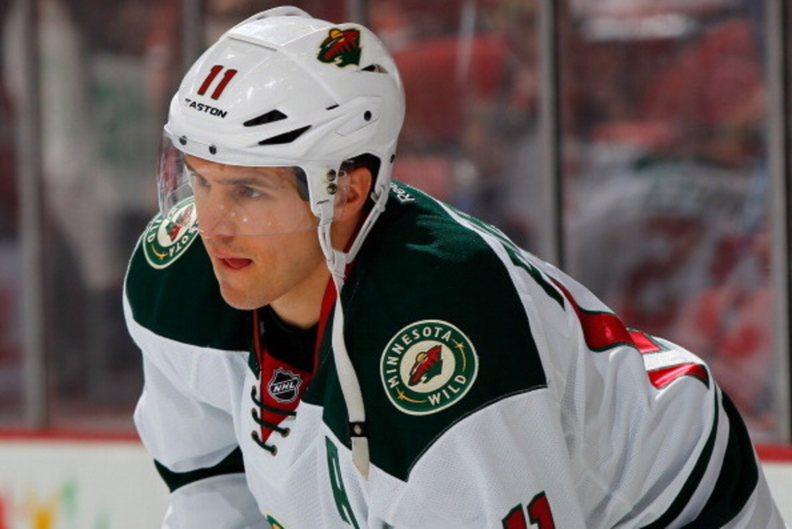 NEWARK, NJ - MARCH 20: Former Devils captain Zach Parise #11 of the Minnesota Wild looks on during pregame warmups prior to playing in his first game back in New Jersey against the New Jersey Devils at the Prudential Center on March 20, 2014 in Newark, Ne
