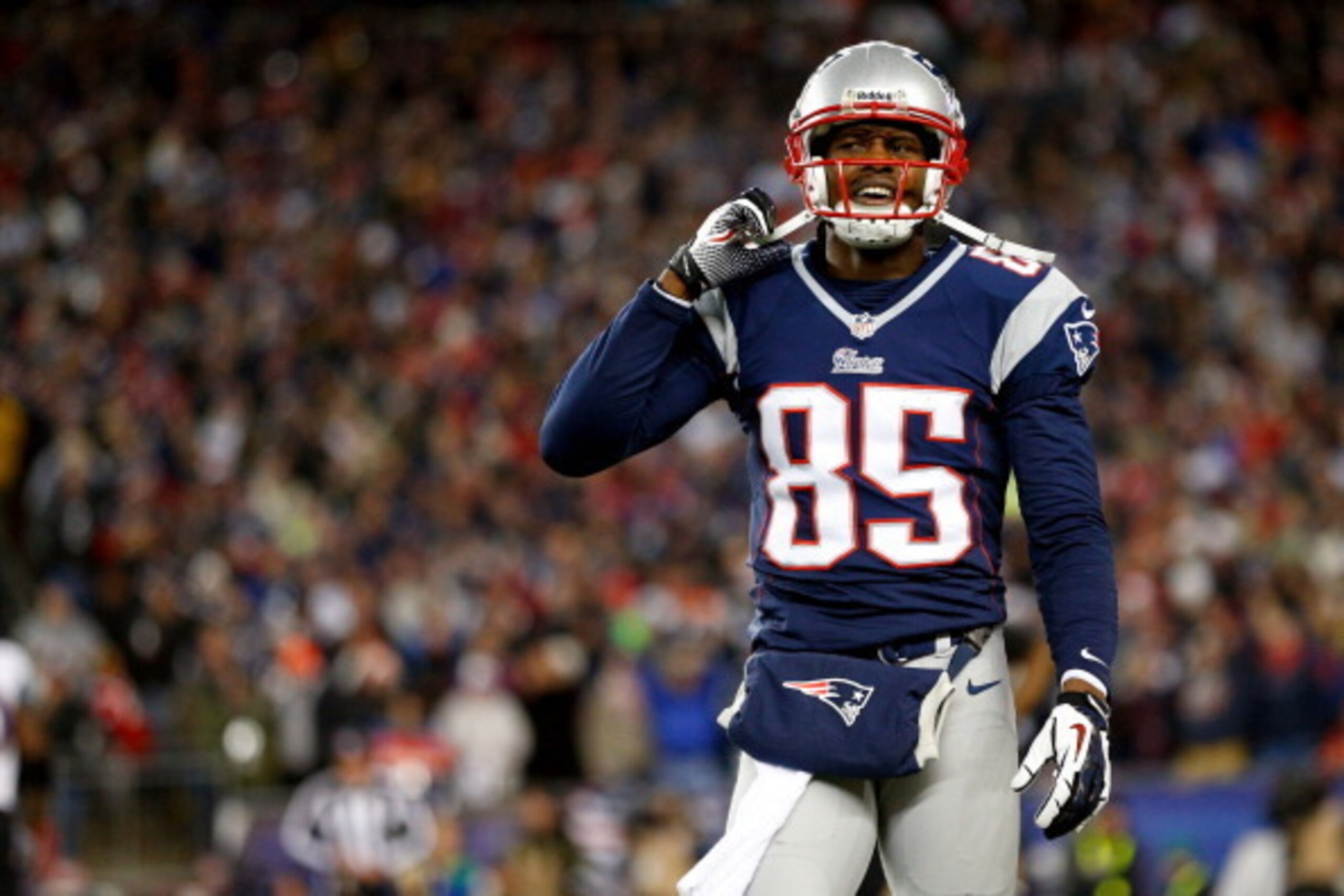 FOXBORO, MA - JANUARY 20:  Brandon Lloyd #85 of the New England Patriots reacts after a play against the Baltimore Ravens during the 2013 AFC Championship game at Gillette Stadium on January 20, 2013 in Foxboro, Massachusetts.  (Photo by Jim Rogash/Getty 