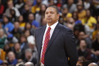 OAKLAND, CA - MARCH 30: Head Coach Mark Jackson of the Golden State Warriors coaches against the New York Knicks on March 30, 2014 at Oracle Arena in Oakland, California. NOTE TO USER: User expressly acknowledges and agrees that, by downloading and or usi