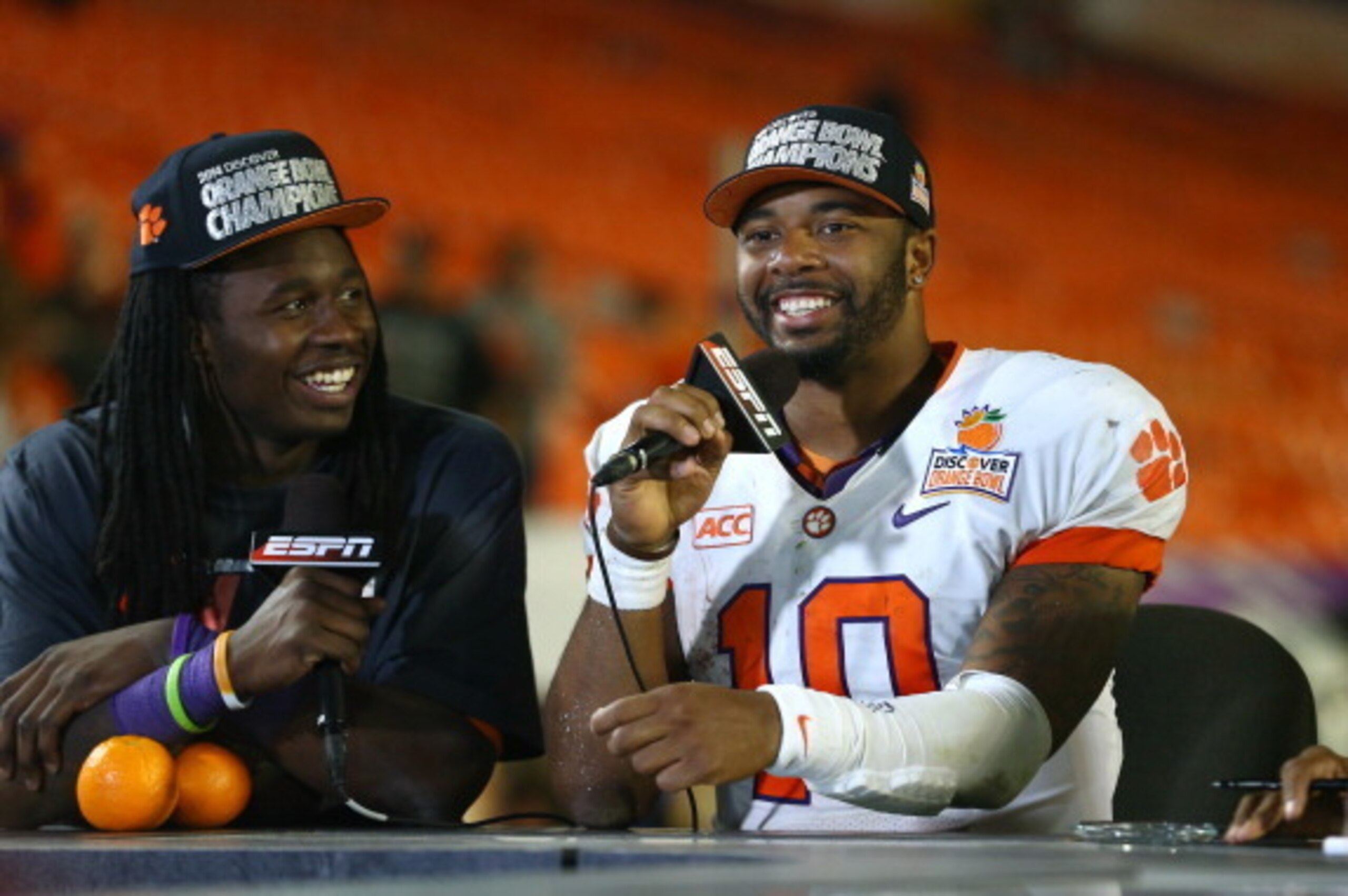 MIAMI GARDENS, FL - JANUARY 03: Sammy Watkins #5 and Tajh Boyd #10 of the Clemson Tigers speak to the media after defeating the Ohio State Buckeyes during the Discover Orange Bowl at Sun Life Stadium on January 3, 2014 in Miami Gardens, Florida. Clemson d