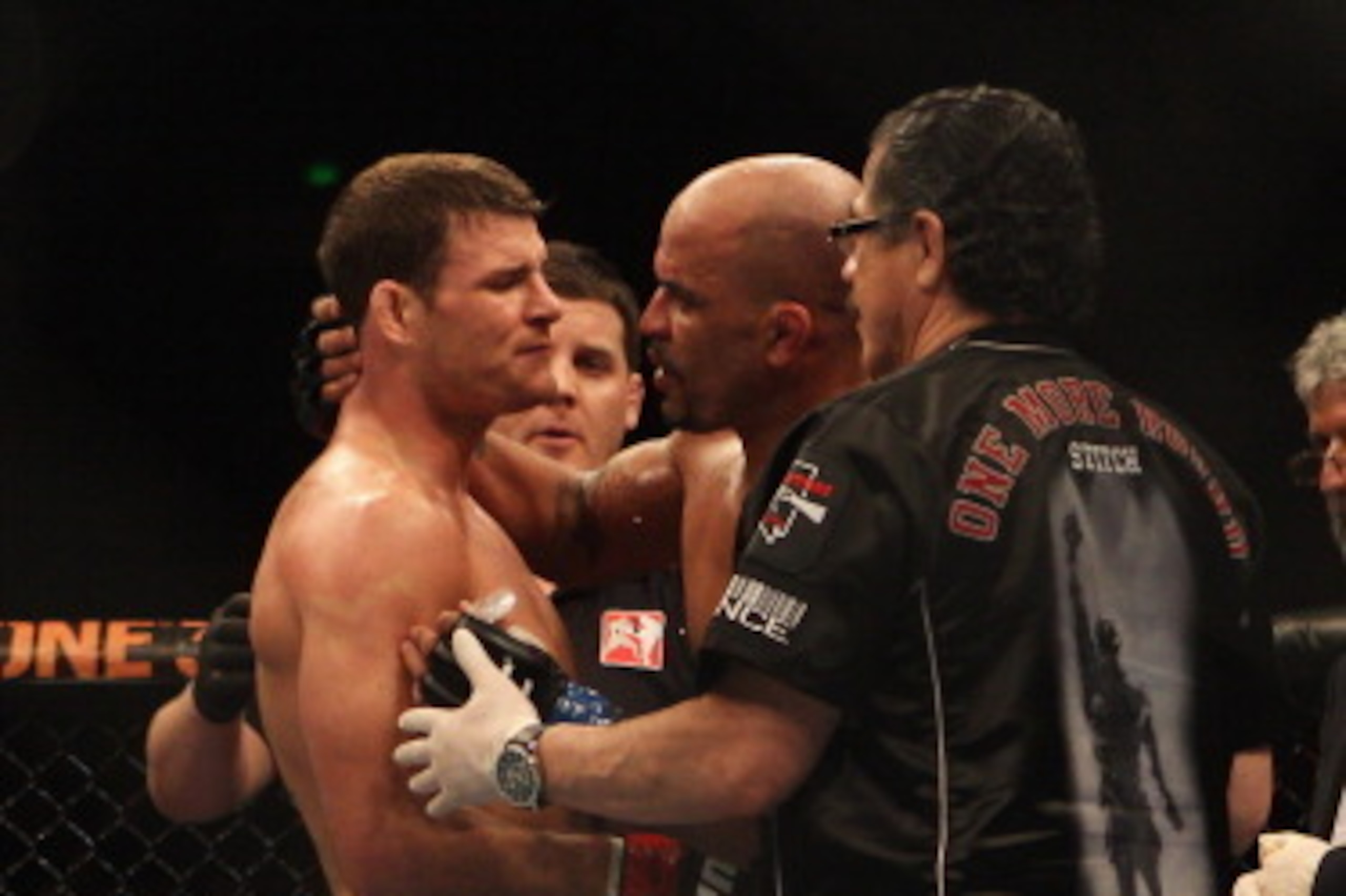 SYDNEY, AUSTRALIA - FEBRUARY 27:  Michael Bisping of Great Britain speaks to Jorge Rivera of the USA after winning their middleweight bout part of at UFC 127 at Acer Arena on February 27, 2011 in Sydney, Australia.  (Photo by Mark Kolbe/Getty Images)