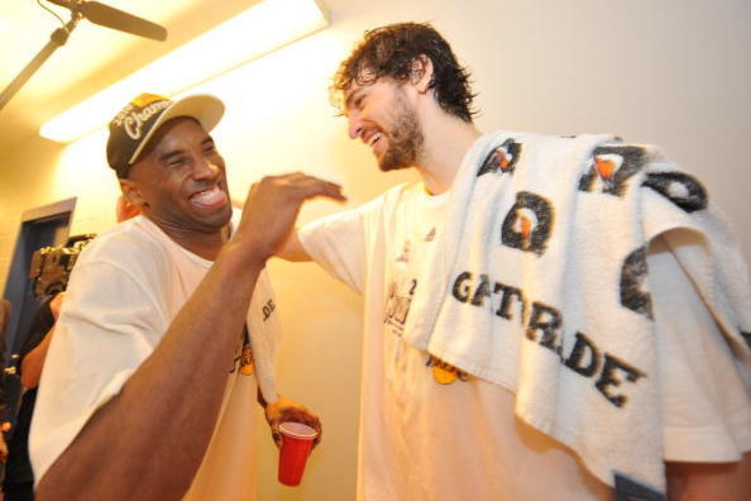 LOS ANGELES - JUNE 17: Kobe Bryant #24 and Pau Gasol #16 of the Los Angeles Lakers celebrates after defeating the Boston Celtics 83-79 in Game Seven of the 2010 NBA Finals on June 17, 2010 at Staples Center in Los Angeles, California.  NOTE TO USER: User 