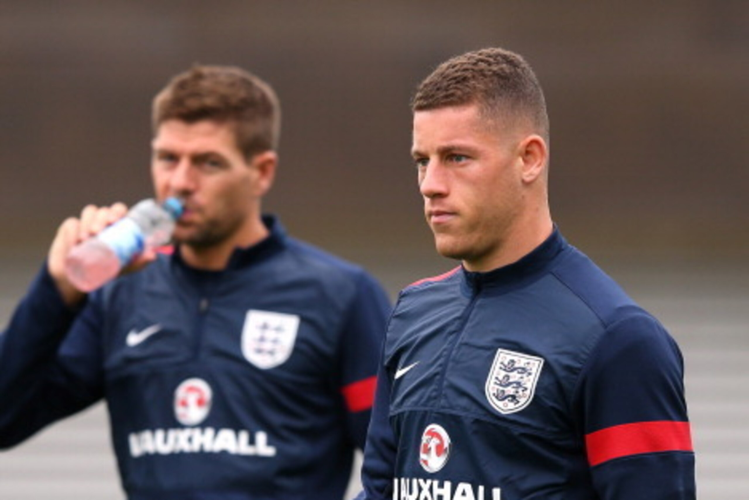 BURTON-UPON-TRENT, ENGLAND - SEPTEMBER 03:  Ross Barkley and Steven Gerrard of England arrive for a training session at St Georges Park on September 3, 2013 in Burton-upon-Trent, England.  (Photo by Alex Livesey/Getty Images)