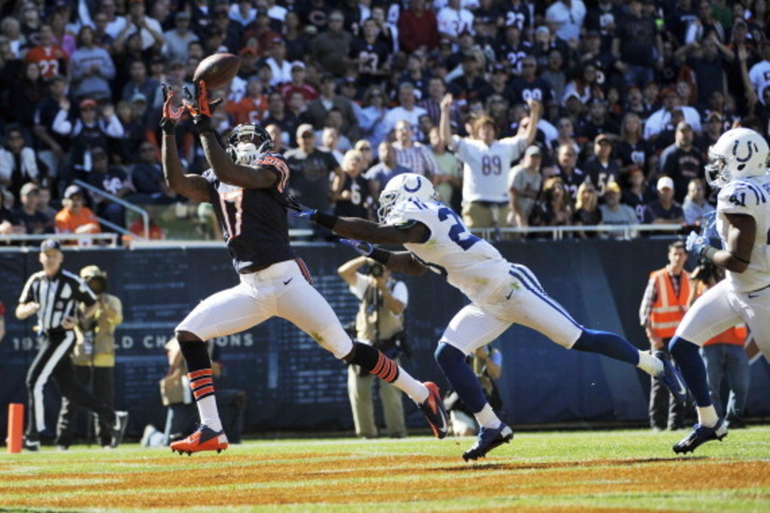 CHICAGO, IL- SEPTEMBER 09:  Alshon Jeffery #17 of the Chicago Bears catches a touchdown pass over Vontae Davis #23 of the Indianapolis Colts on September 9, 2012 during their 2012 NFL season opener at Soldier Field in Chicago, Illinois. The Chicago Bears