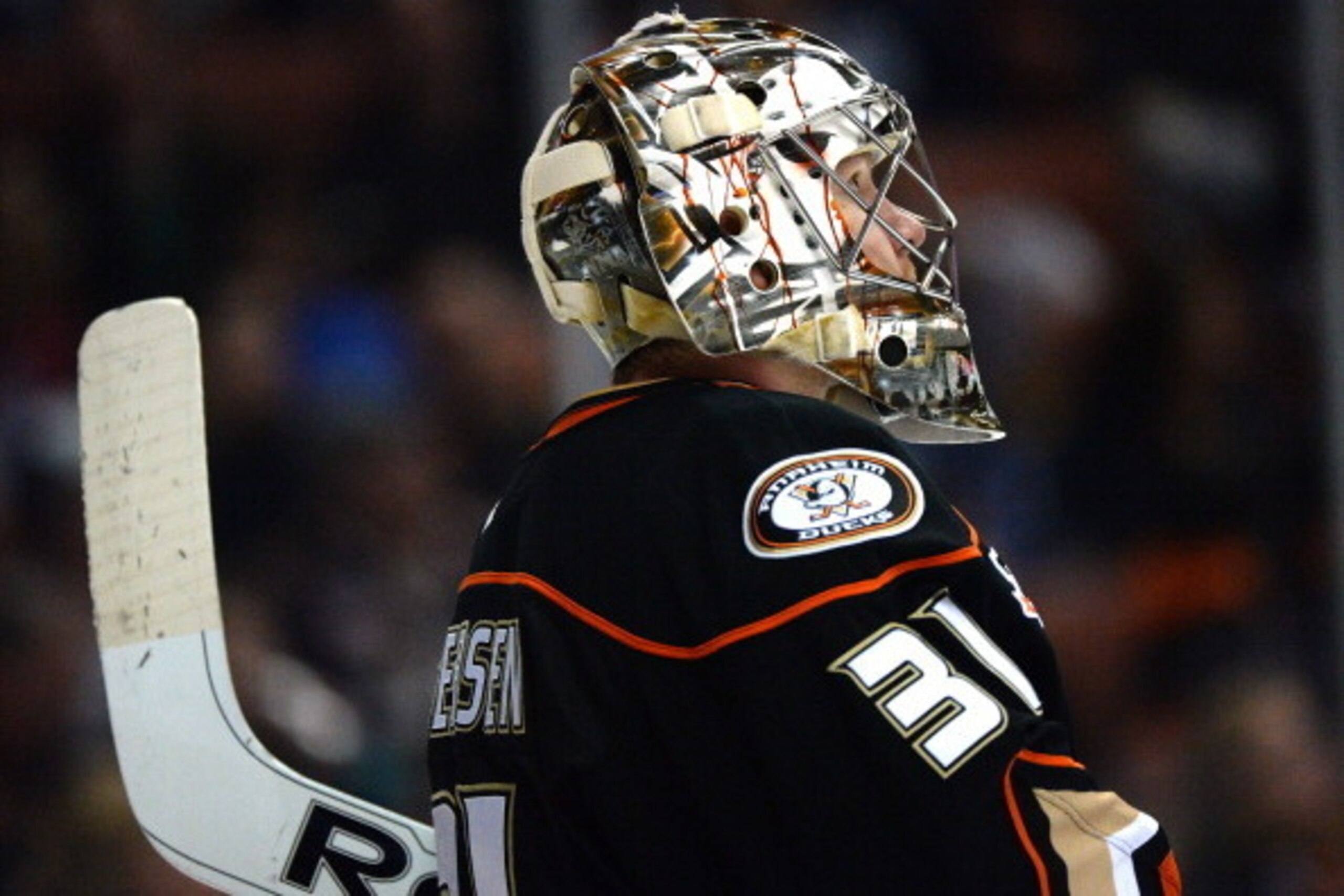 ANAHEIM, CA - MARCH 10:  Frederik Andersen #31 of the Anaheim Ducks looks up at the cclock with his team trailing the Toronto Maple Leafs 3-0 during the second period at Honda Center on March 10, 2014 in Anaheim, California.  (Photo by Harry How/Getty Ima