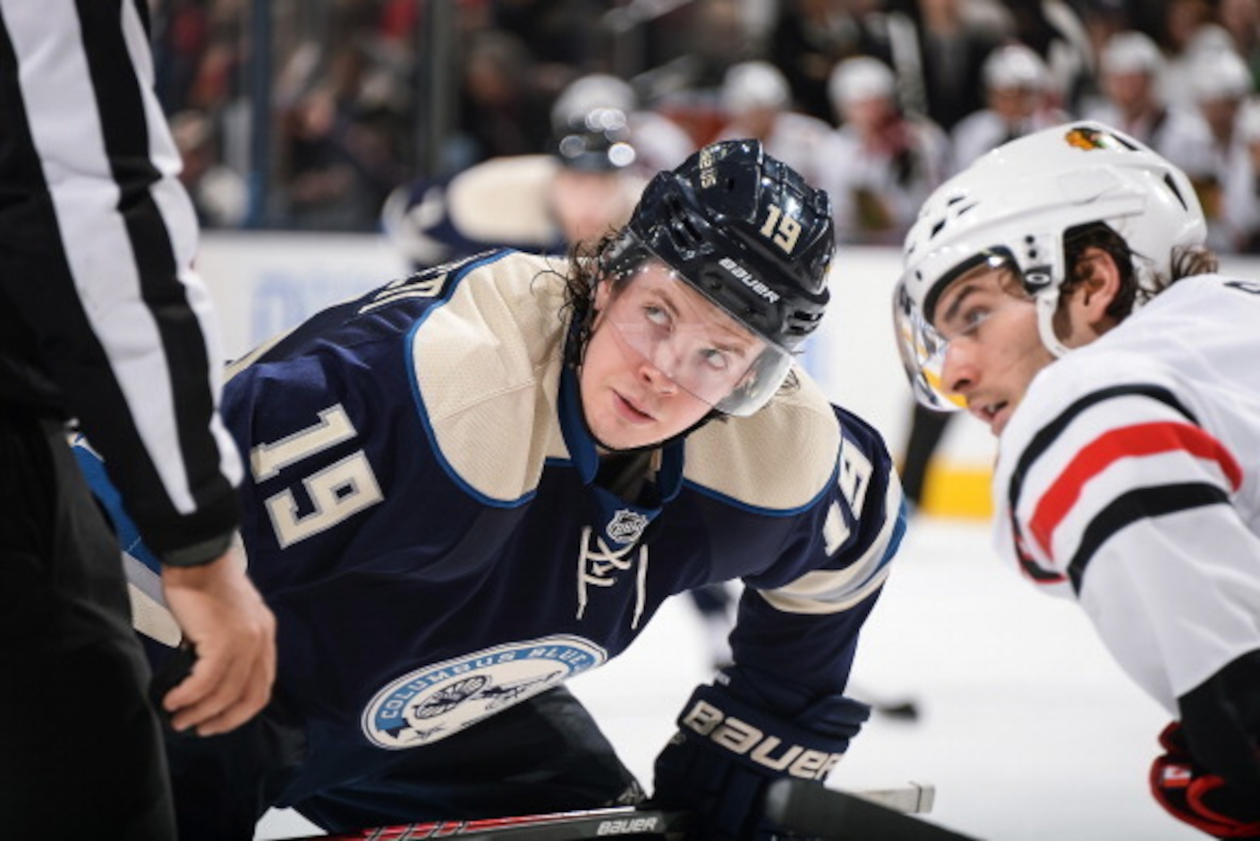 COLUMBUS, OH - APRIL 4:  Ryan Johansen #19 of the Columbus Blue Jackets waits to take a face off against the Chicago Blackhawks on April 4, 2014 at Nationwide Arena in Columbus, Ohio. Chicago defeated Columbus 4-3. (Photo by Jamie Sabau/NHLI via Getty Ima